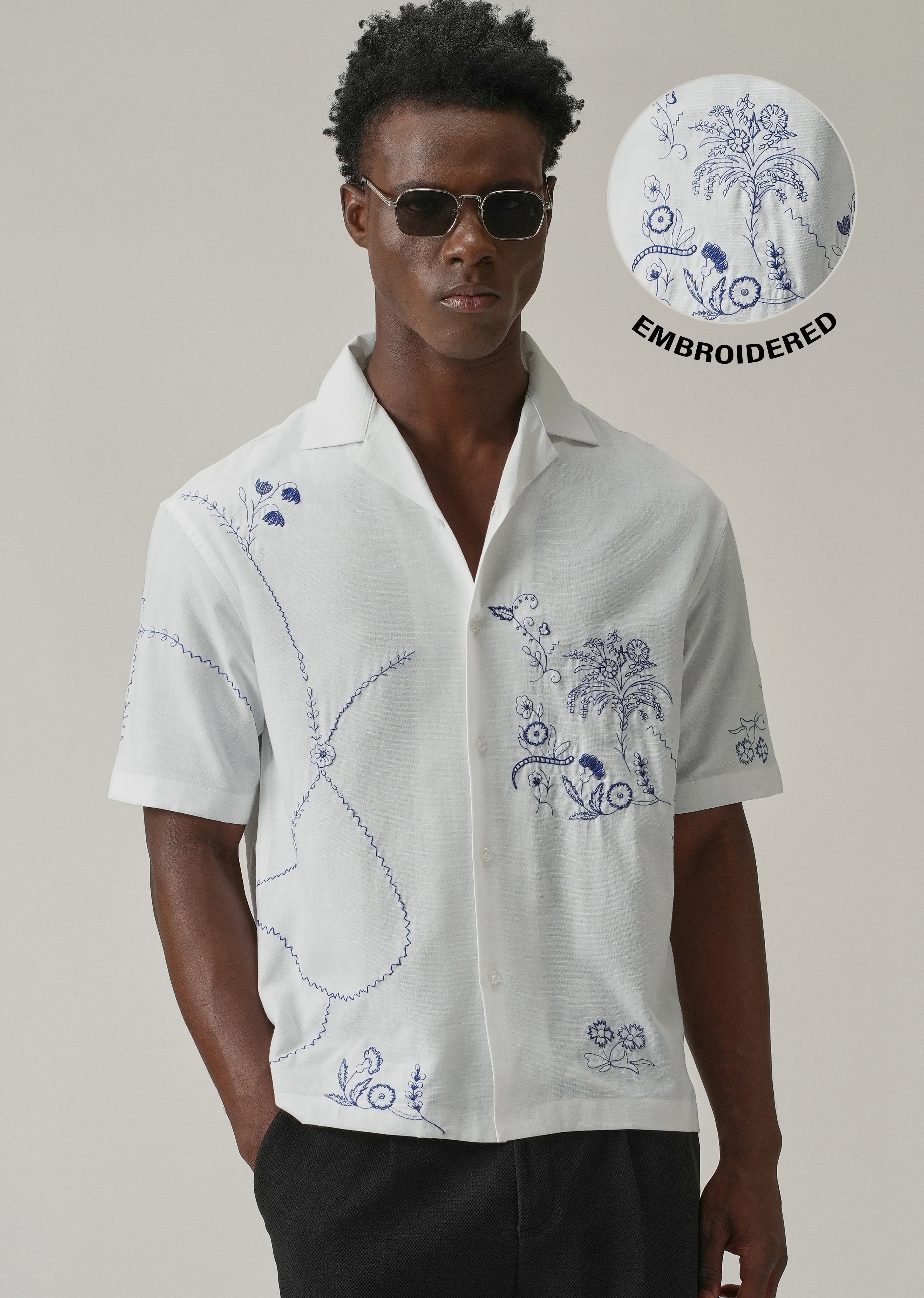 Blue Floral Embroidery Linen Shirt - Image 8