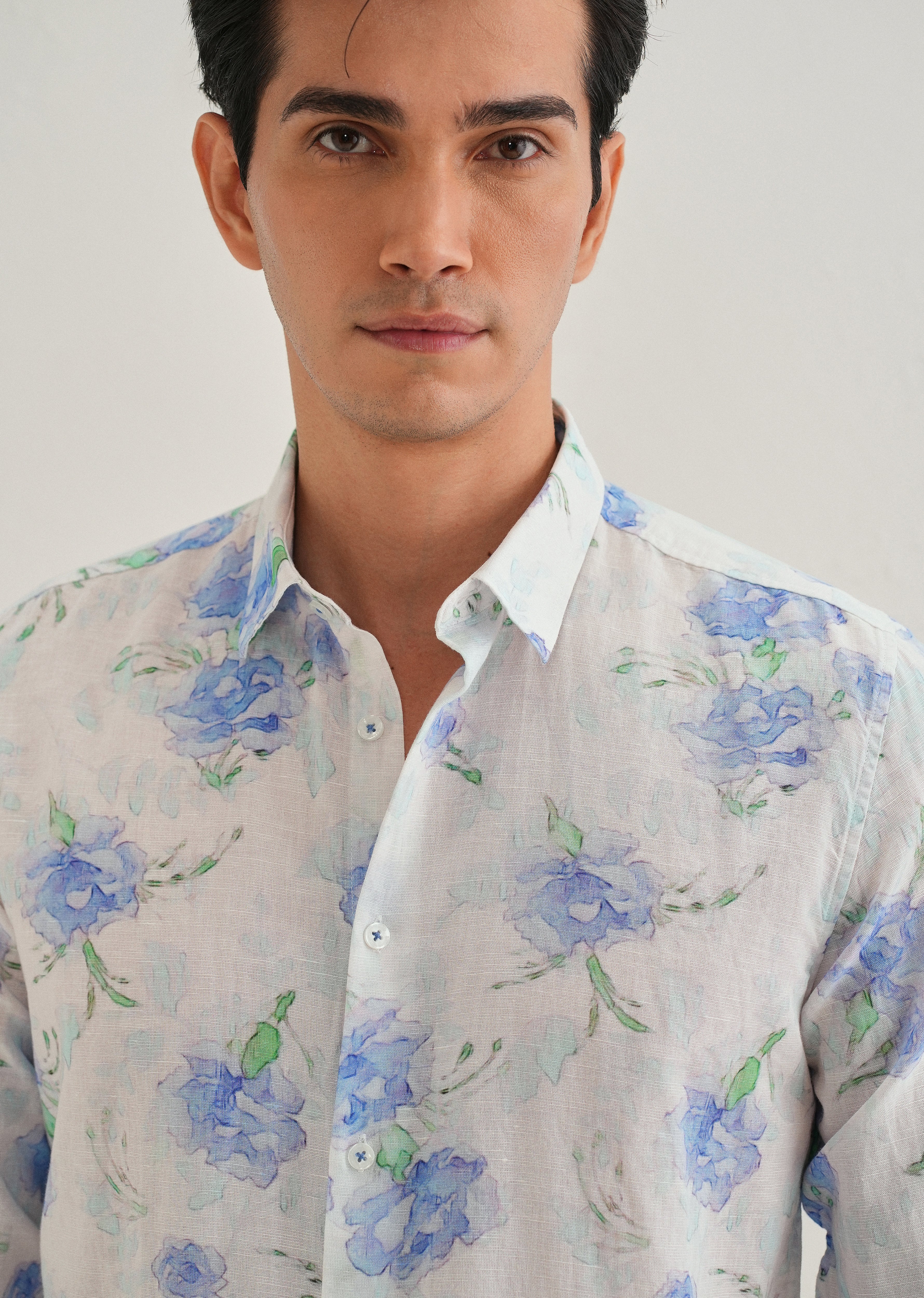 Blue Floral Printed Cotton Linen Shirt - Image 2