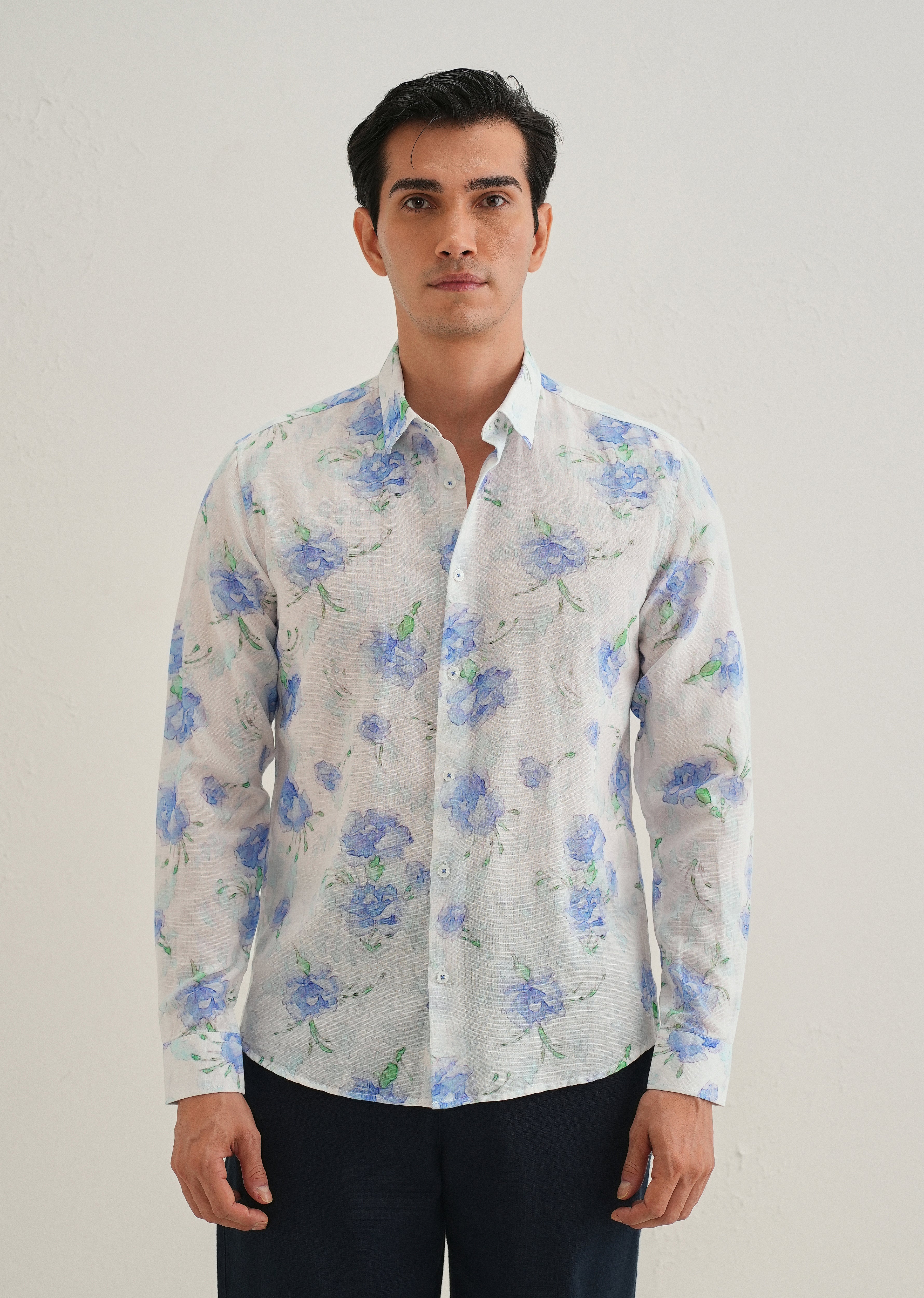 Blue Floral Printed Cotton Linen Shirt - Image 3