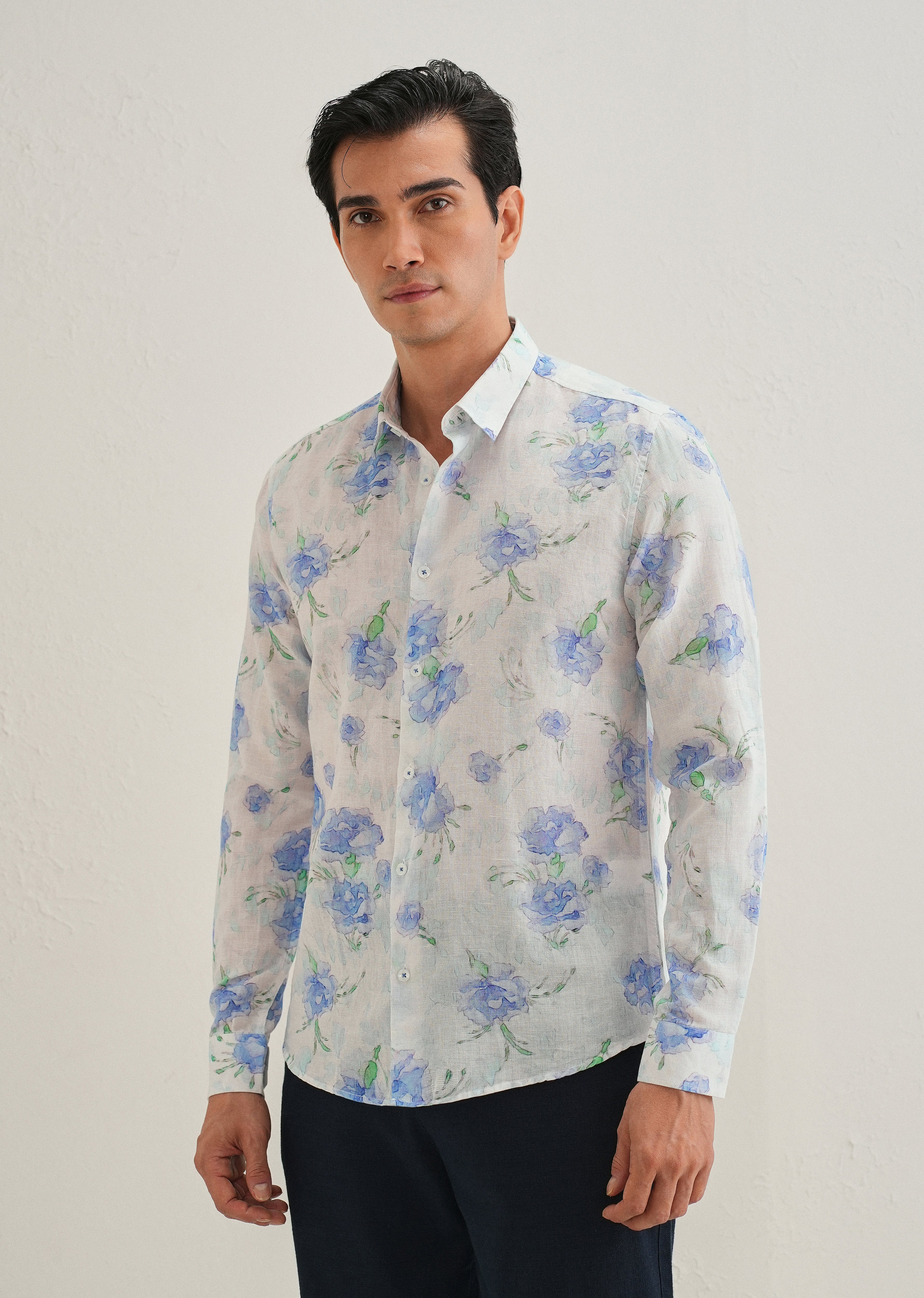 Blue Floral Printed Cotton Linen Shirt - Image 5