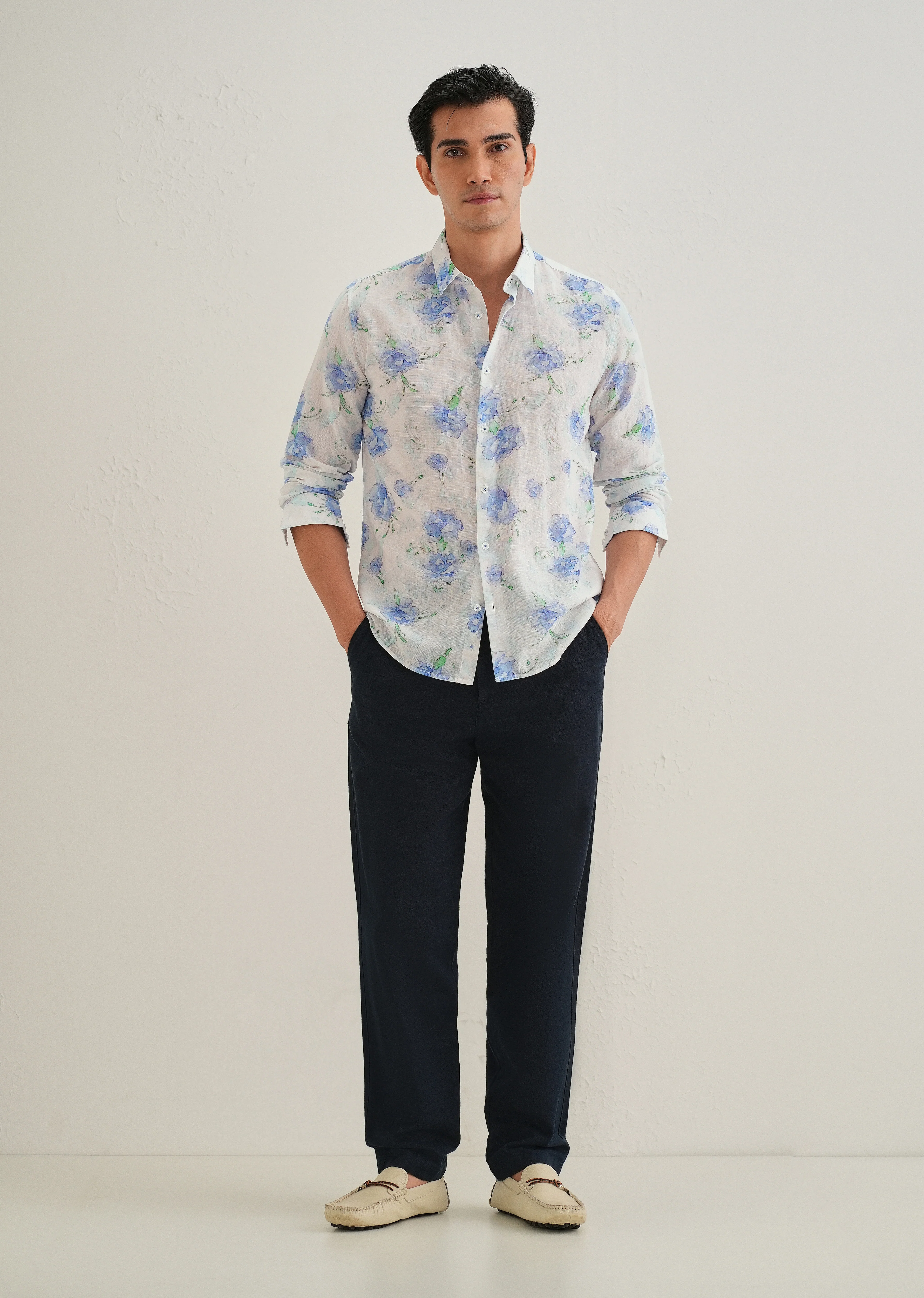 Blue Floral Printed Cotton Linen Shirt - Image 6