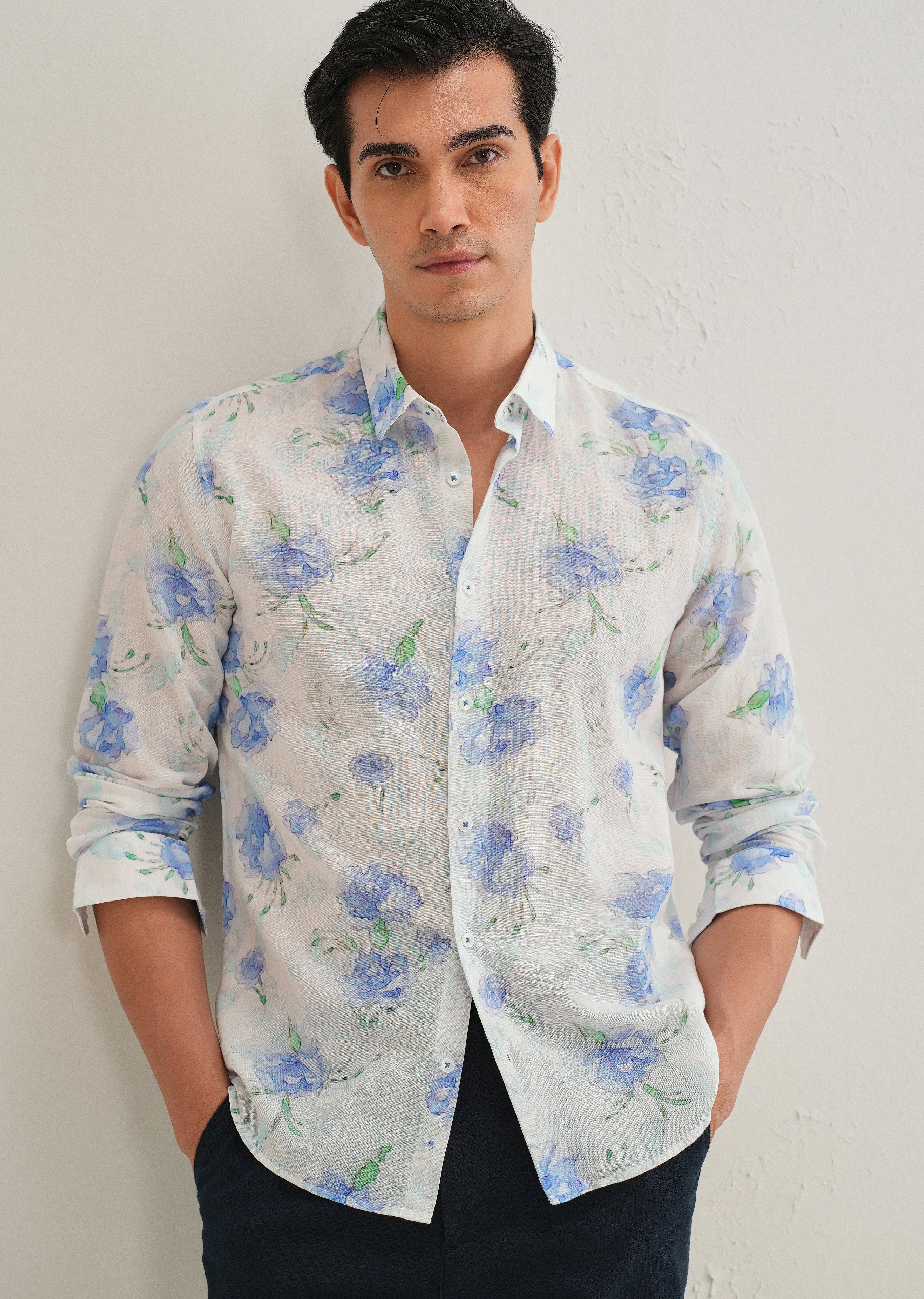 Blue Floral Printed Cotton Linen Shirt - Image 7