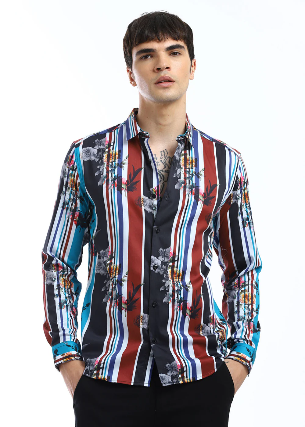 Blue Floral Striped Printed Shirt - Image 2