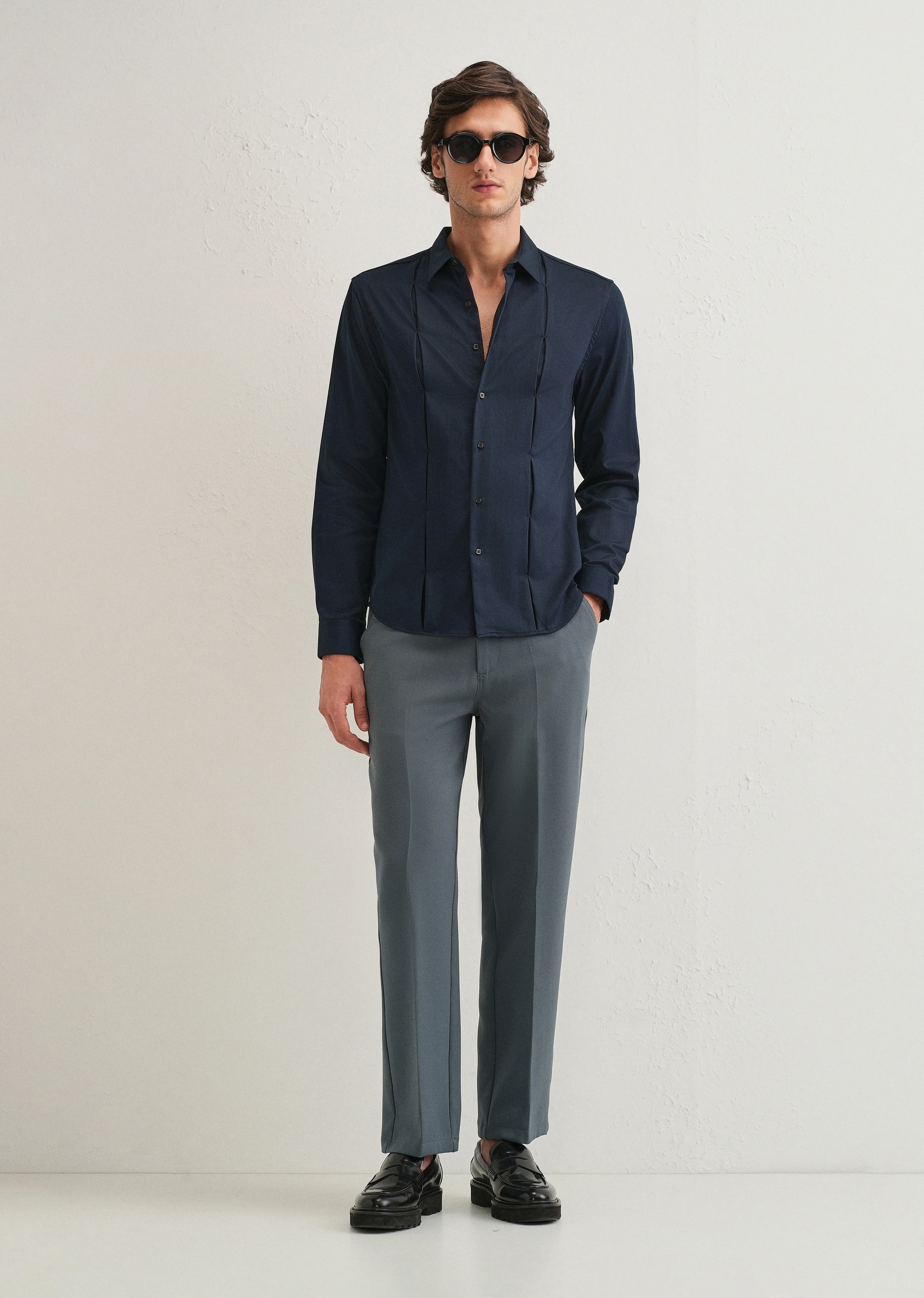 Blue Front Panel Open Pleat Shirt - Image 7