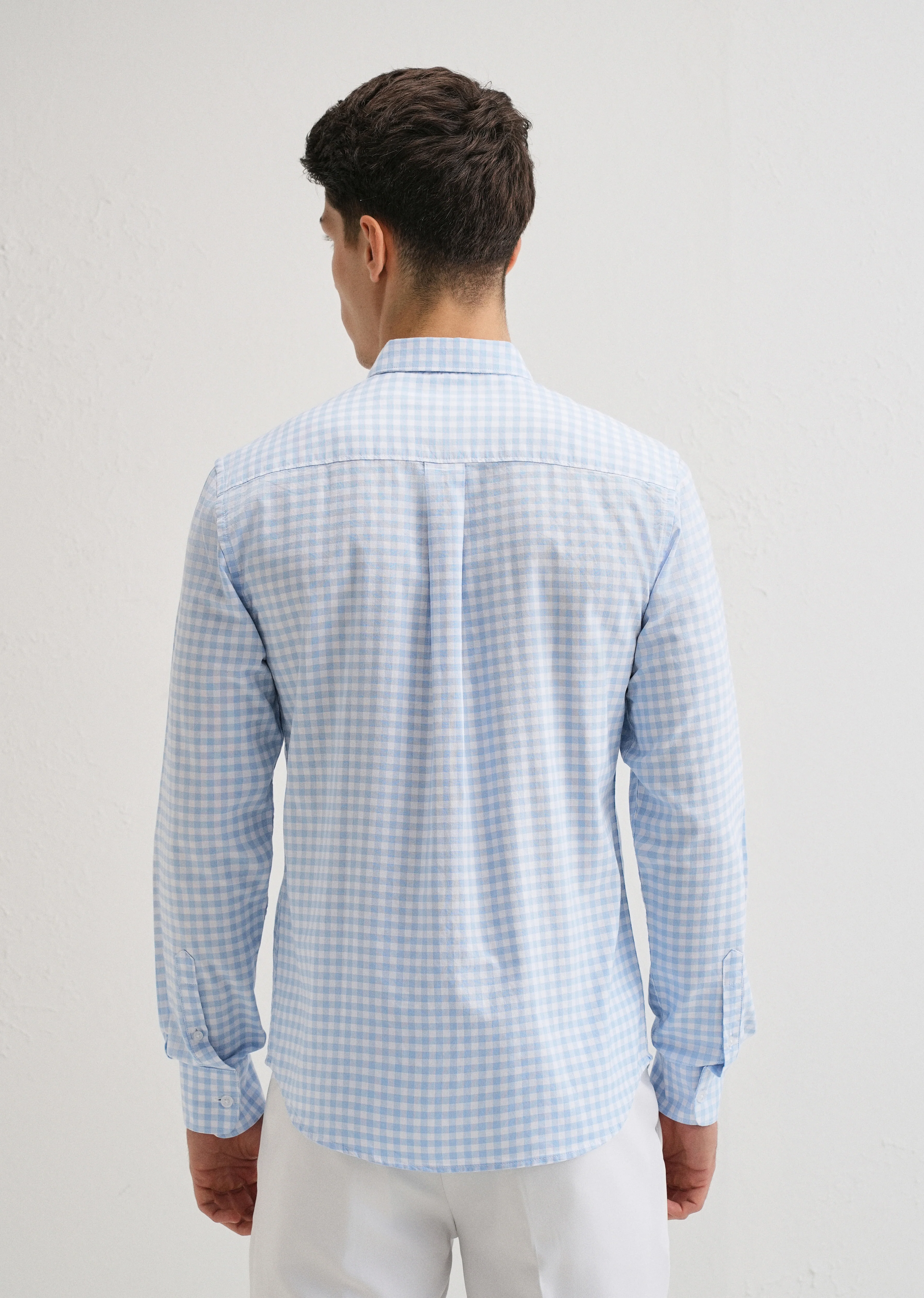 Blue Gingham Check Cotton Oxford Shirt - Image 2