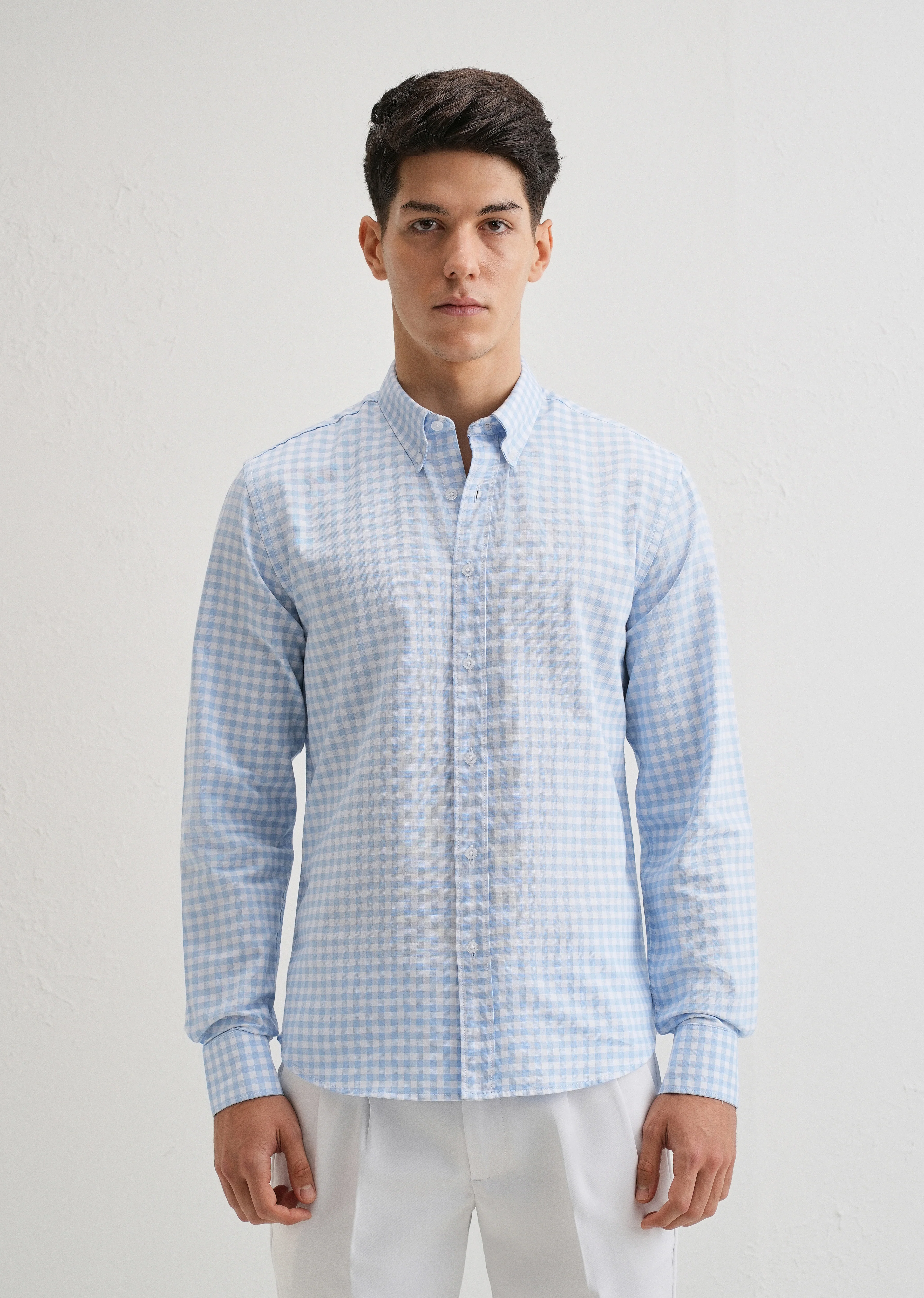 Blue Gingham Check Cotton Oxford Shirt - Image 3