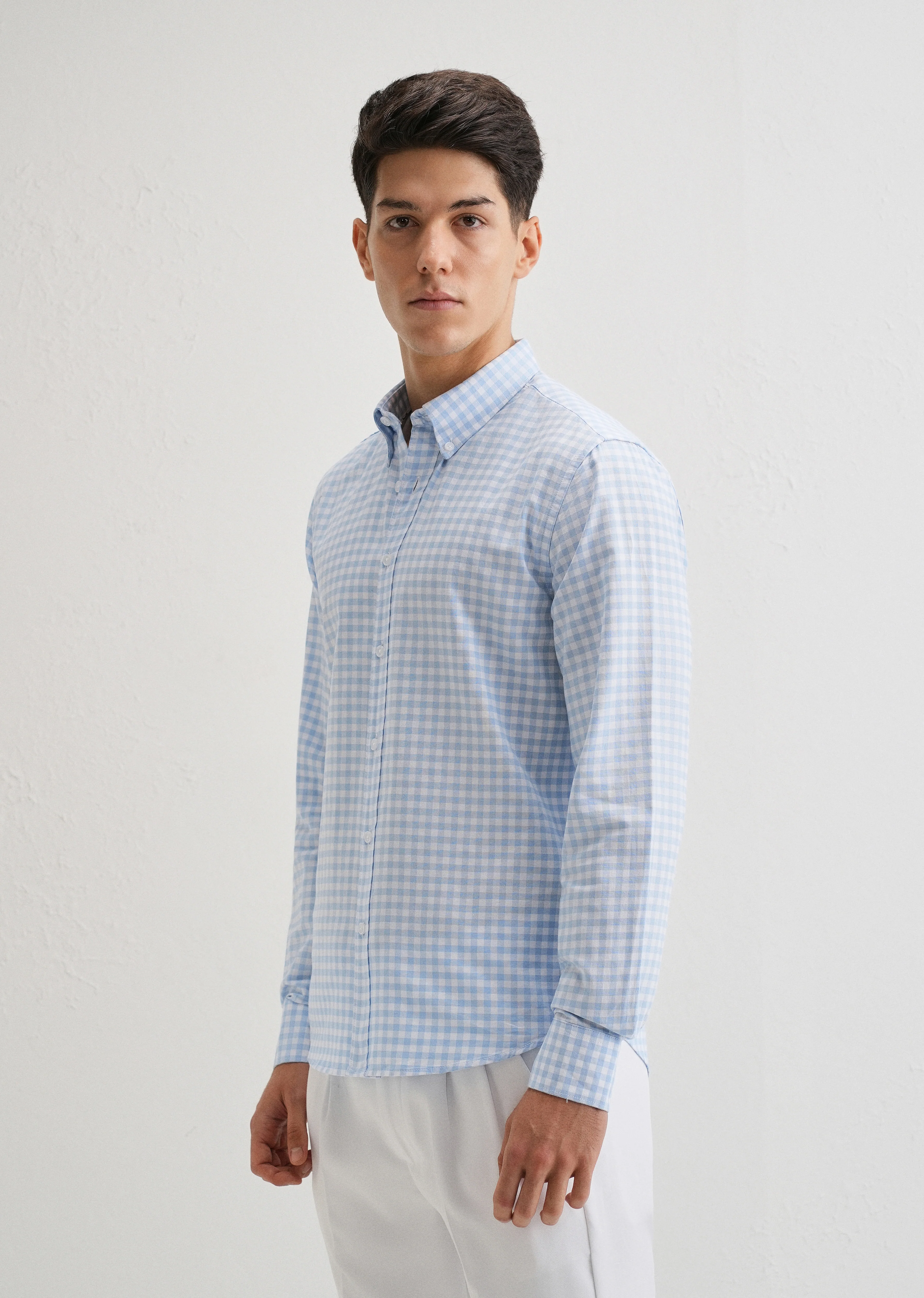 Blue Gingham Check Cotton Oxford Shirt - Image 4