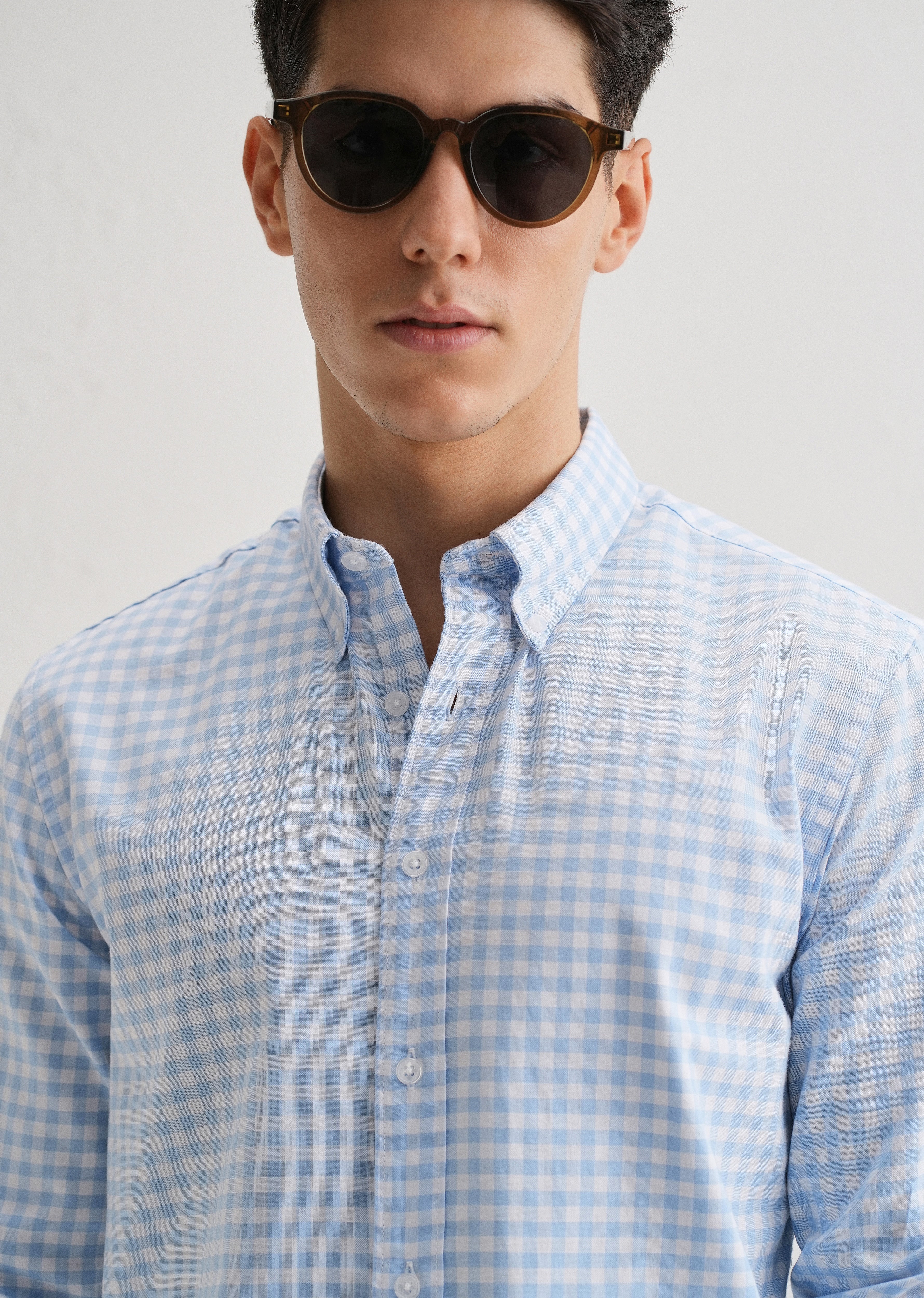 Blue Gingham Check Cotton Oxford Shirt - Image 5