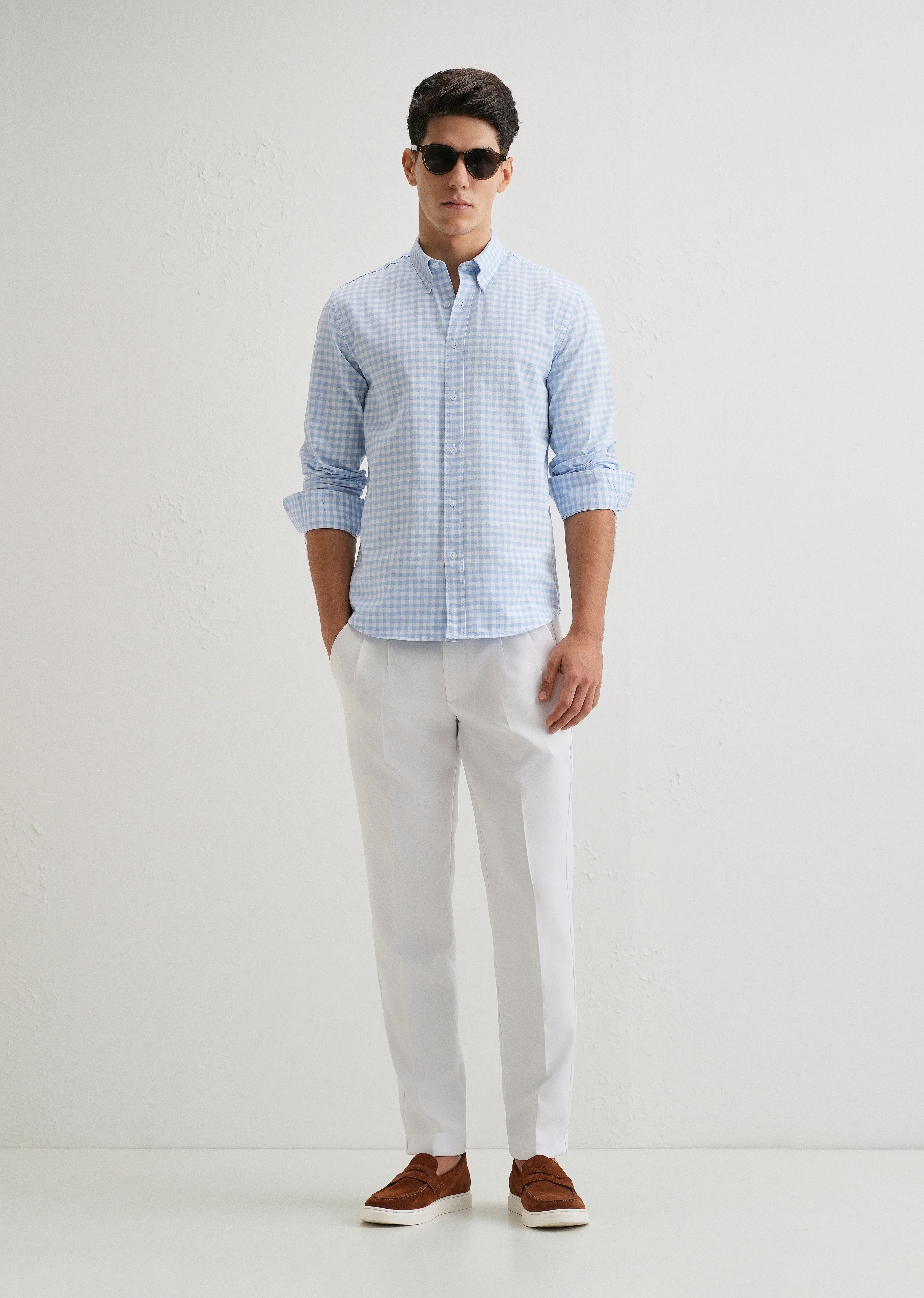 Blue Gingham Check Cotton Oxford Shirt - Image 6