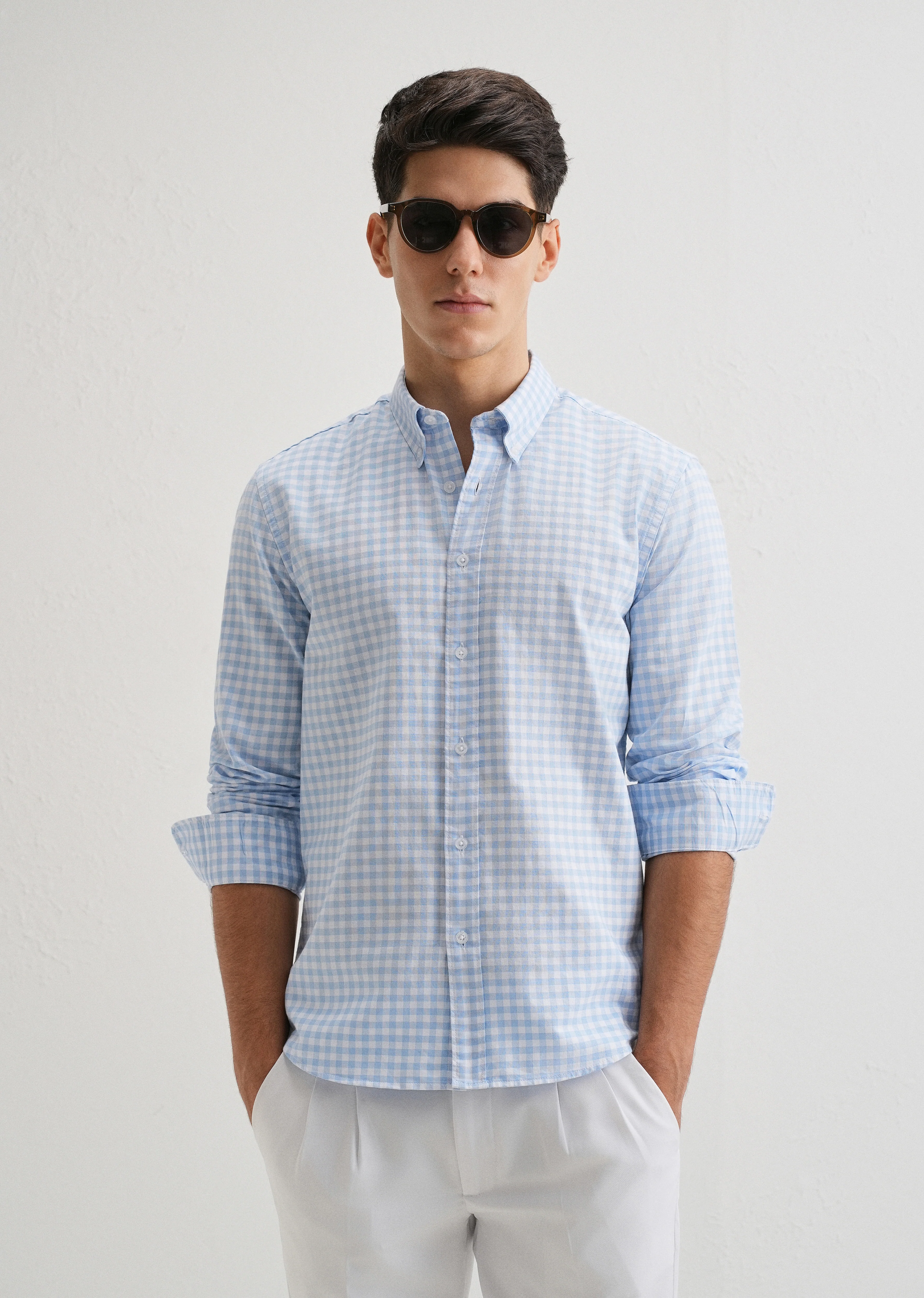 Blue Gingham Check Cotton Oxford Shirt - Image 7