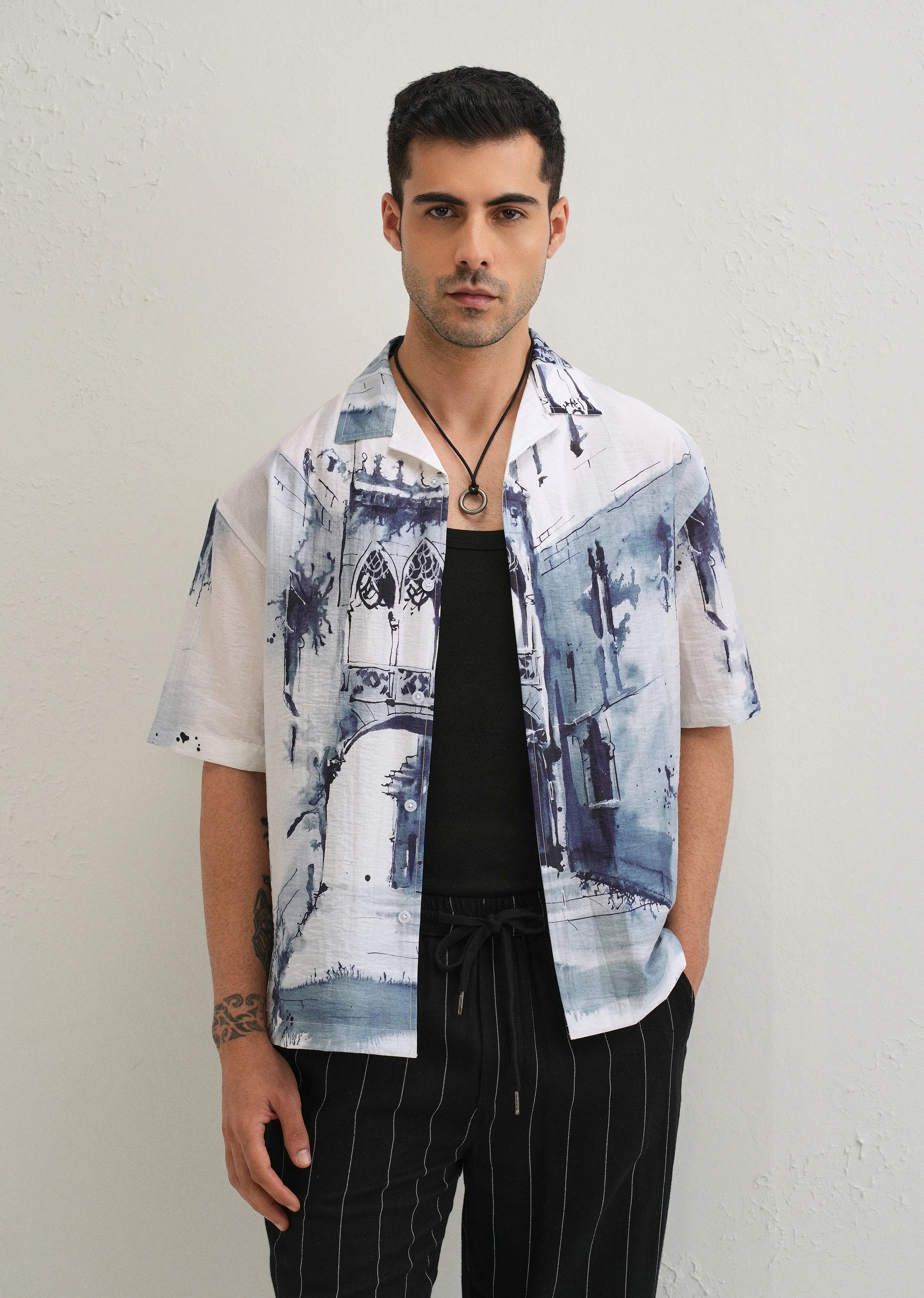 Blue Ink Wash Placement Print Shirt - Image 2