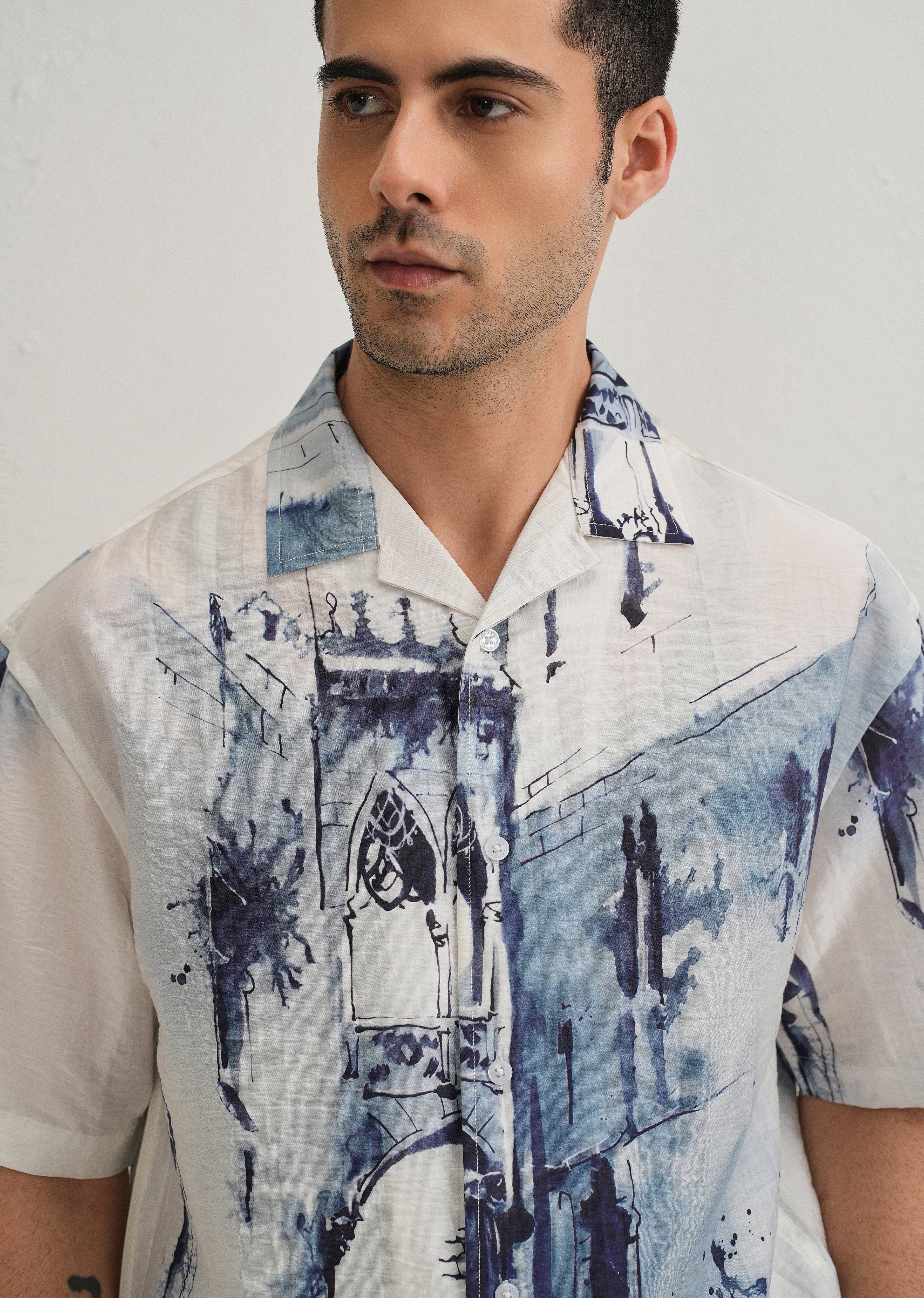 Blue Ink Wash Placement Print Shirt - Image 3
