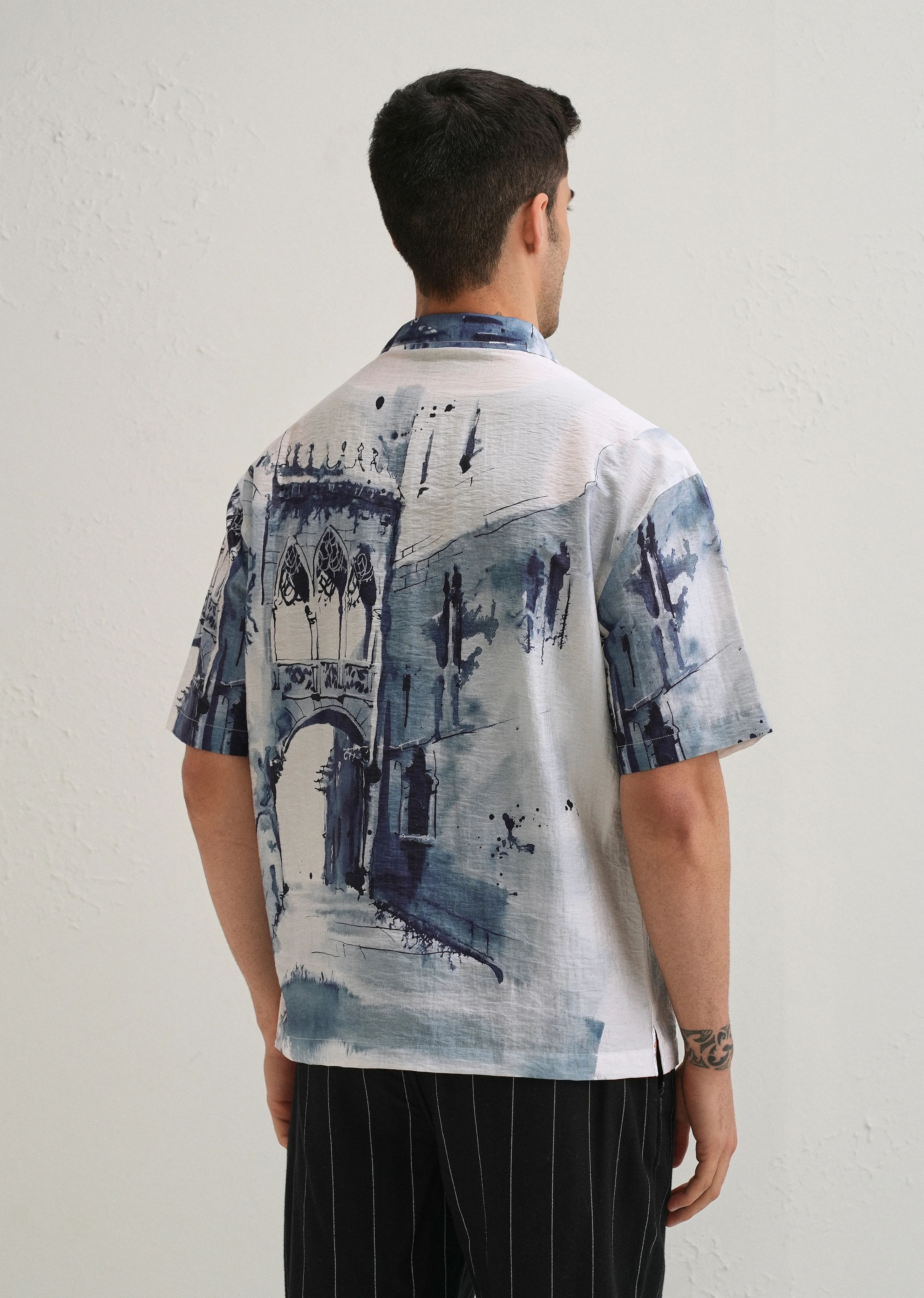 Blue Ink Wash Placement Print Shirt - Image 4