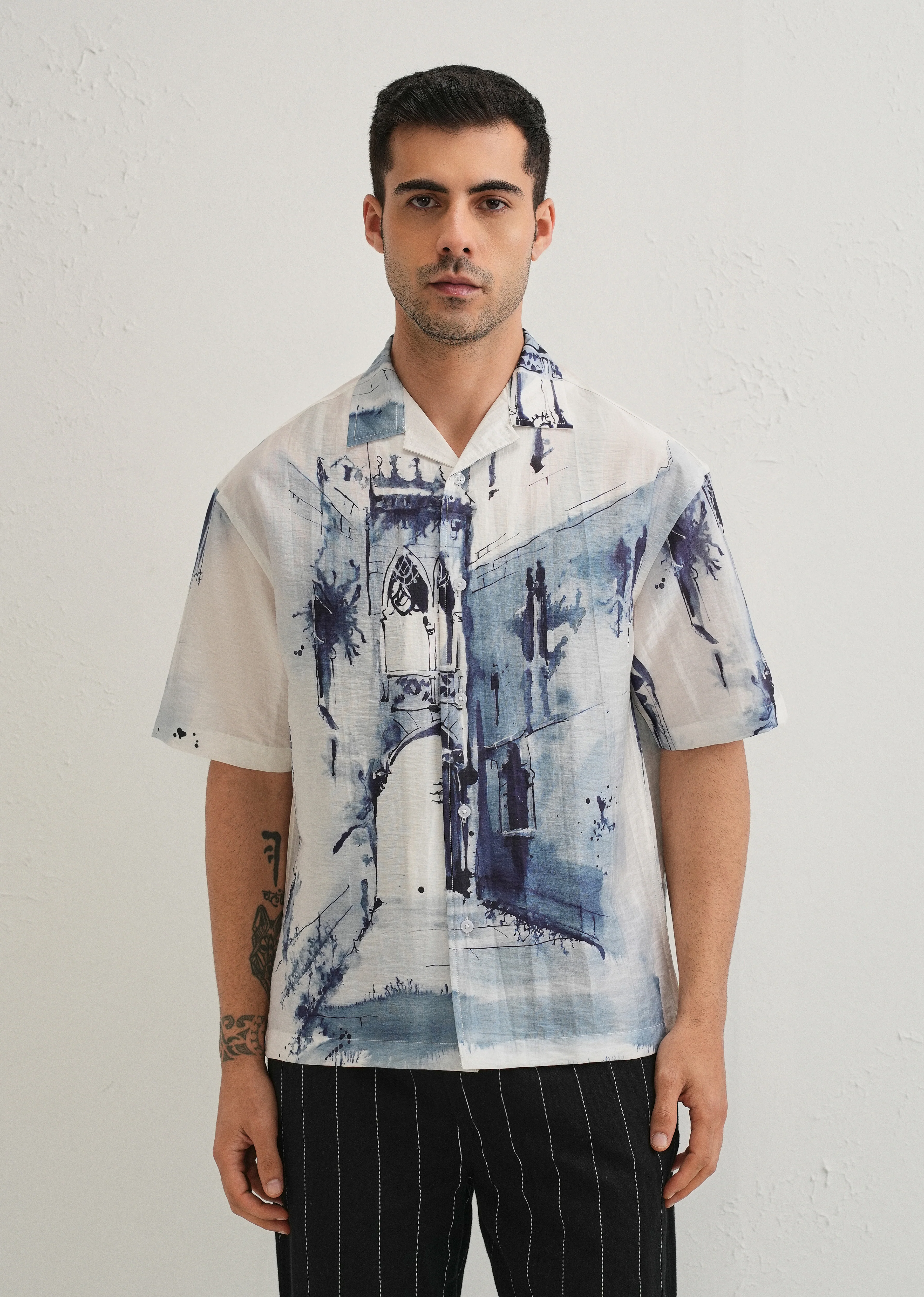 Blue Ink Wash Placement Print Shirt - Image 5