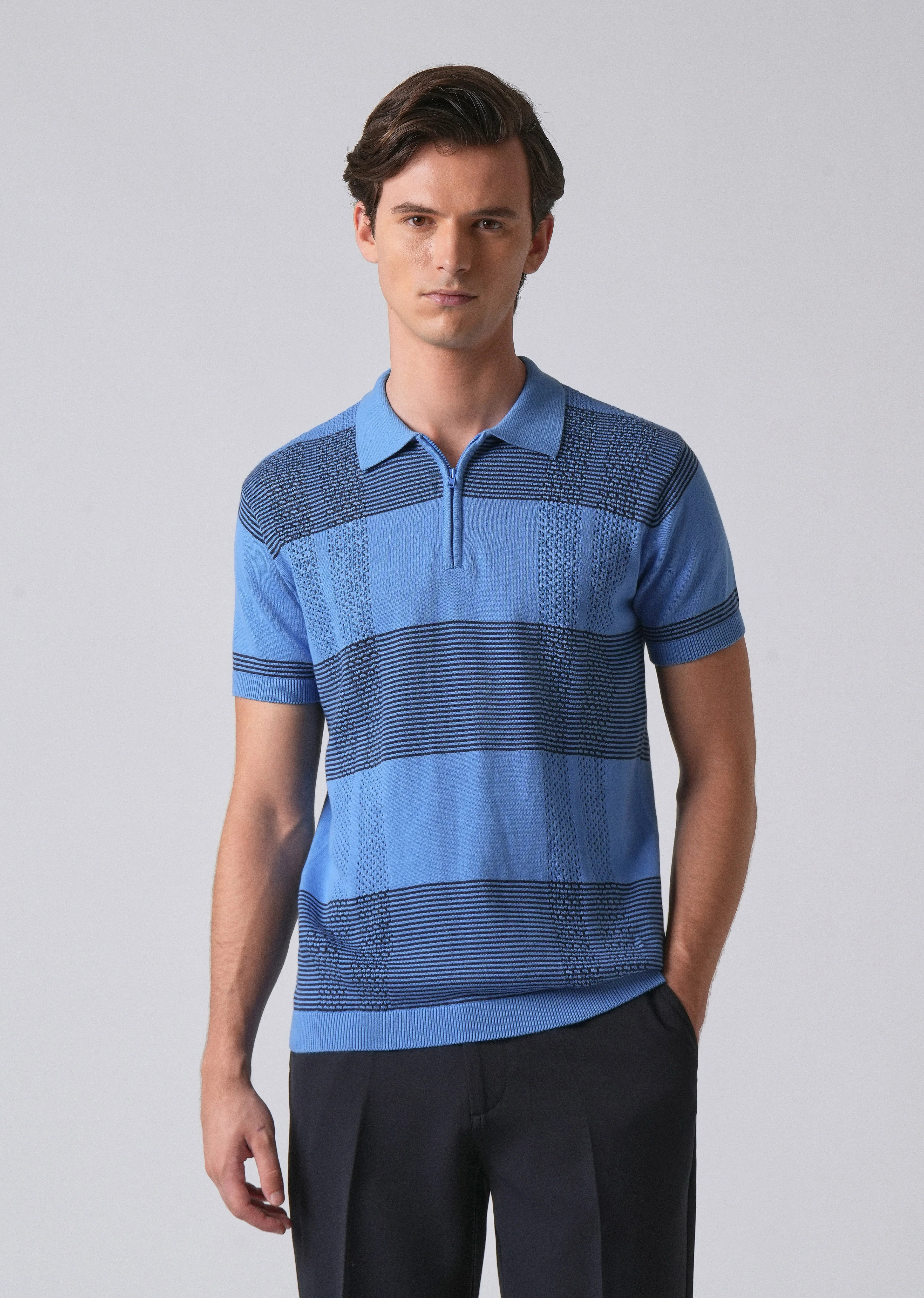 Blue Knitted Polo Zipper T-shirt - Image 3