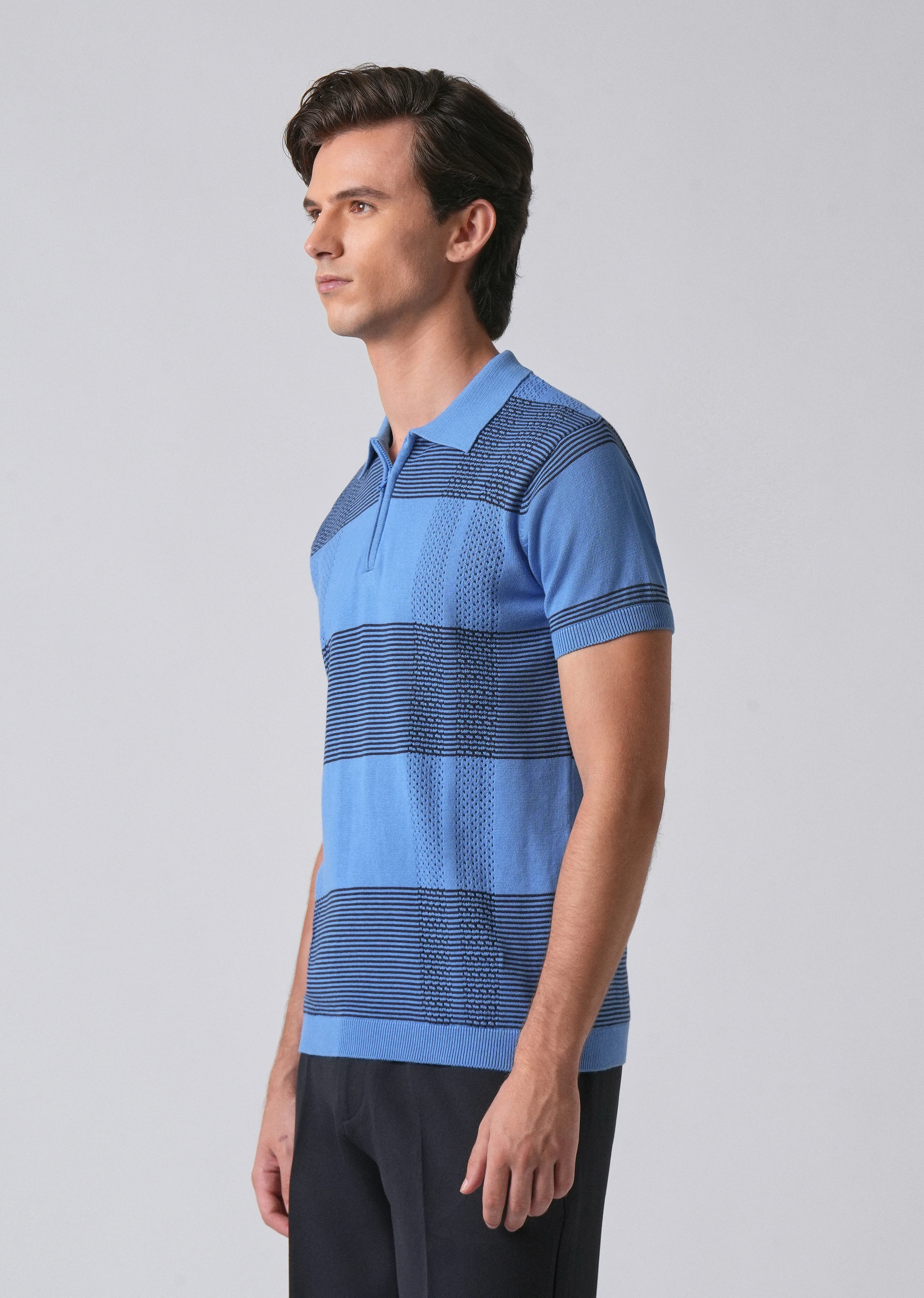Blue Knitted Polo Zipper T-shirt - Image 4