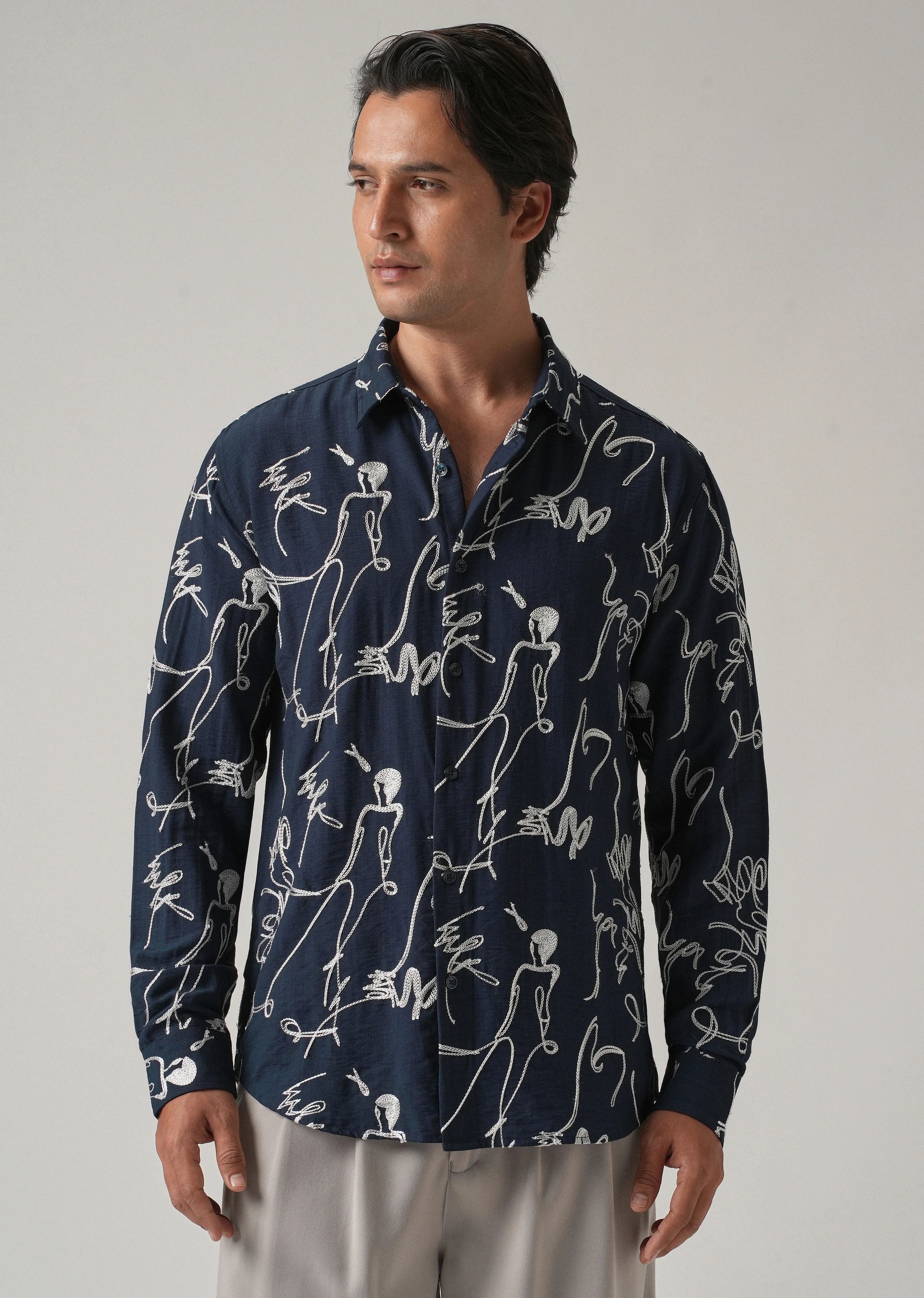 Blue Line Art Embroidery Shirt - Image 4