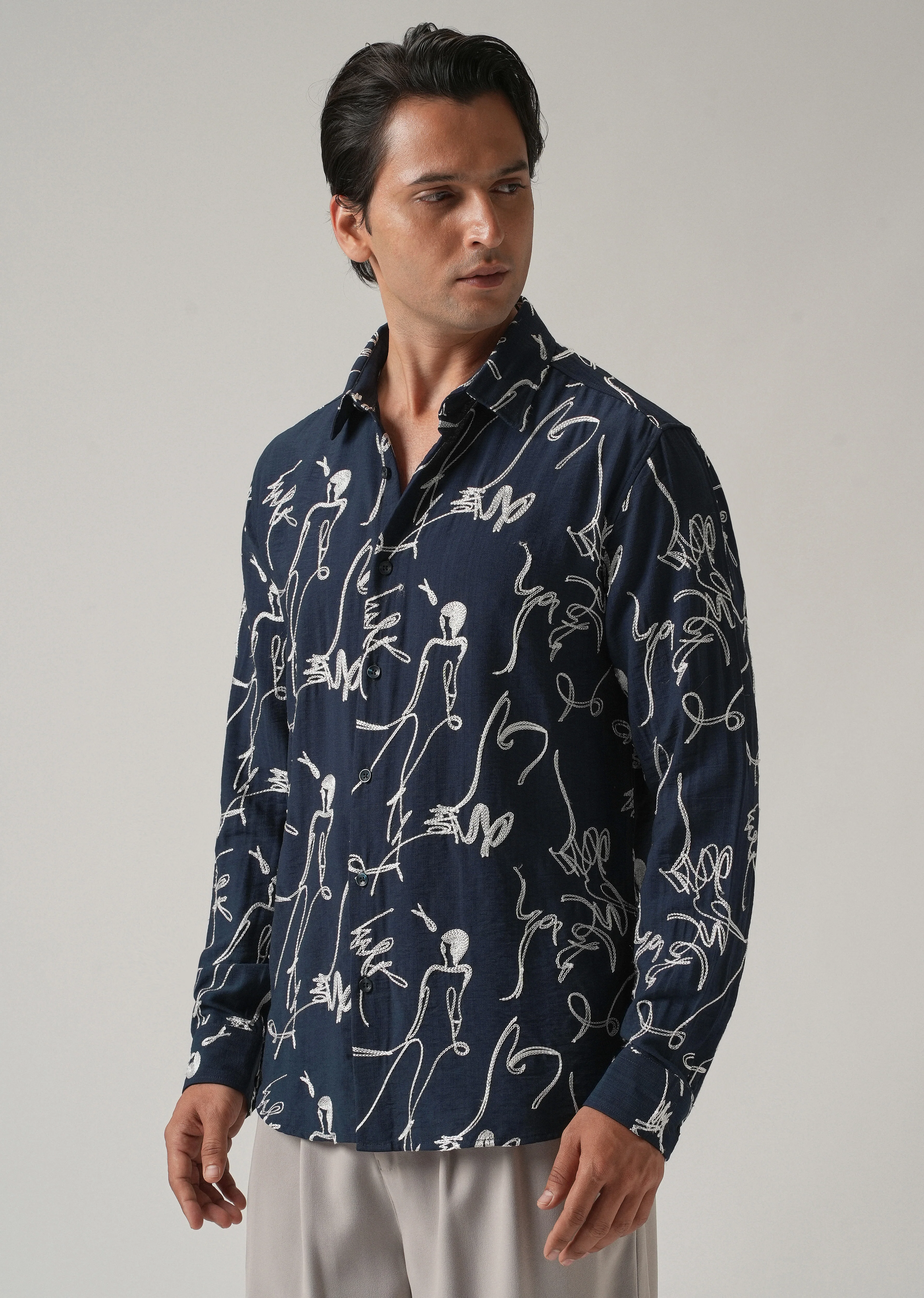 Blue Line Art Embroidery Shirt - Image 5