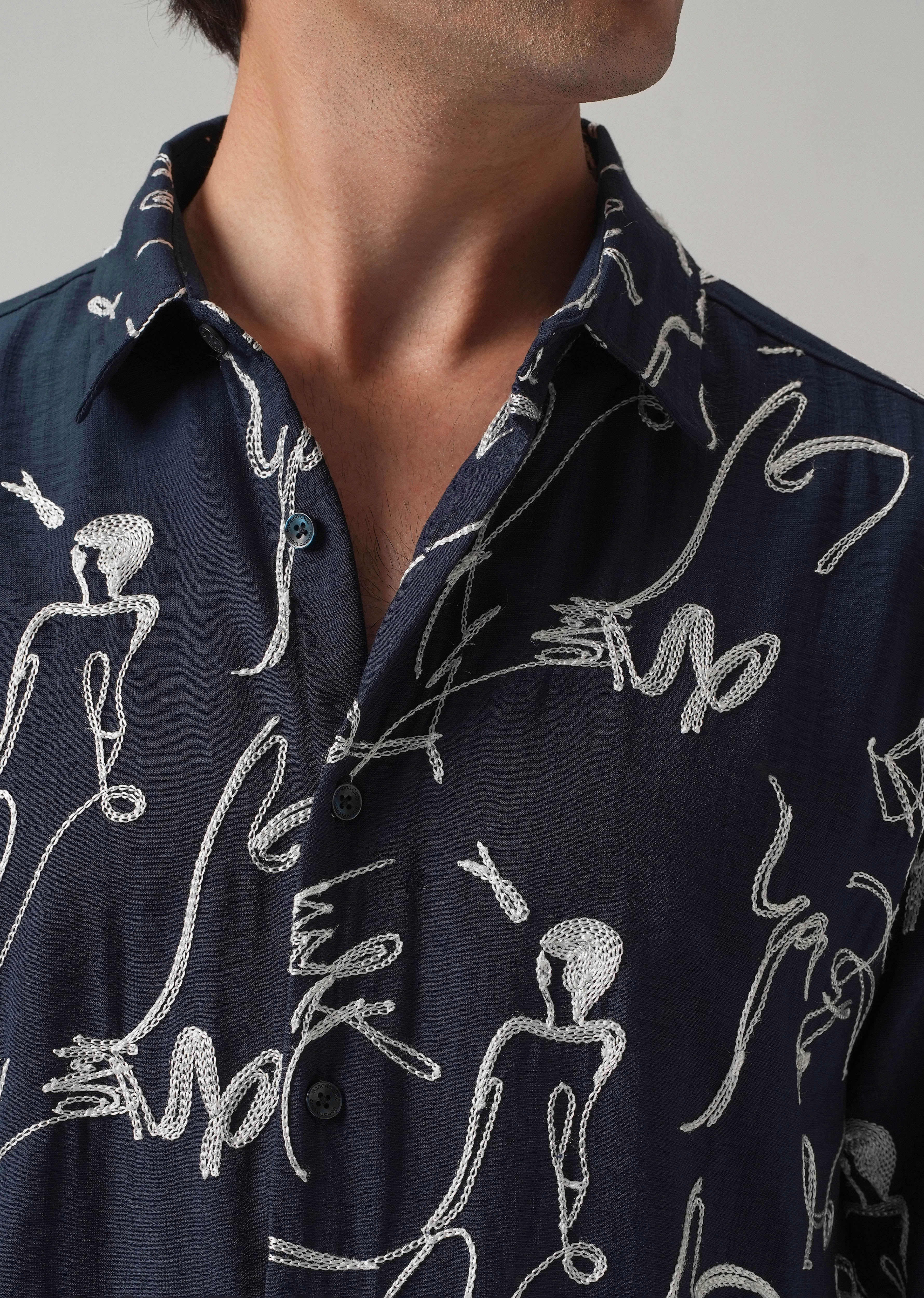 Blue Line Art Embroidery Shirt - Image 6