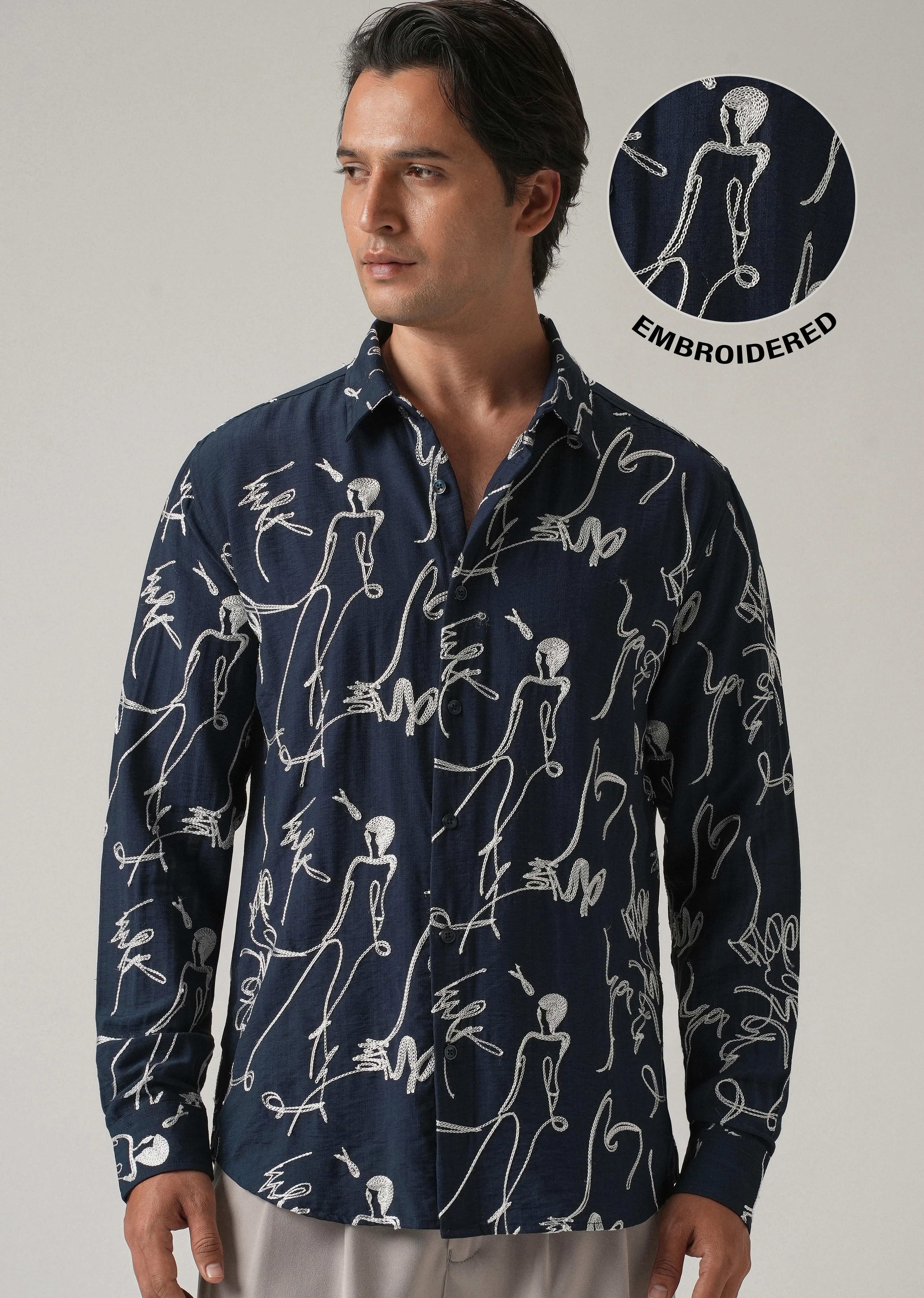Blue Line Art Embroidery Shirt - Image 8
