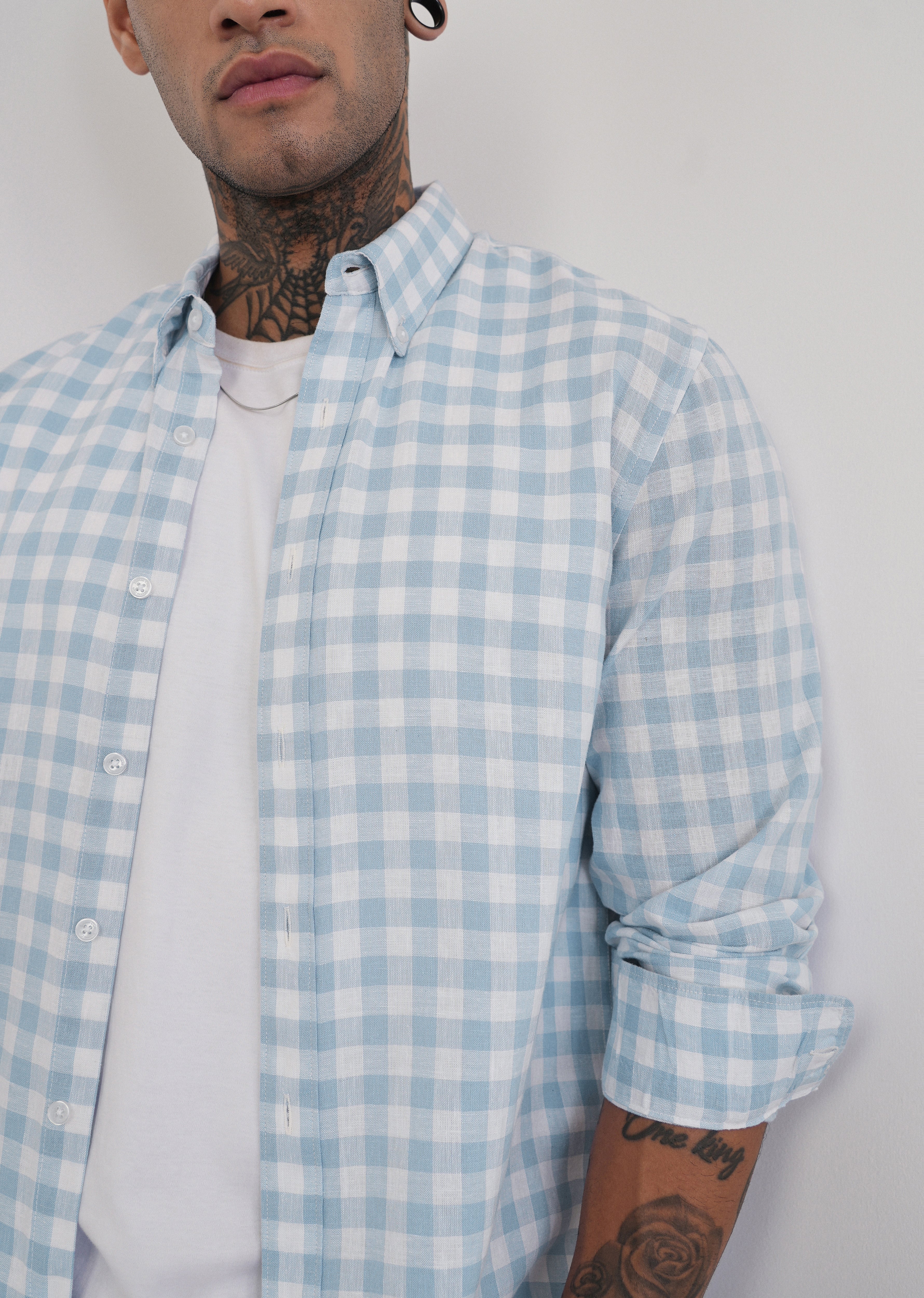 Blue Lyocell Linen Blend Check Shirt - Image 5