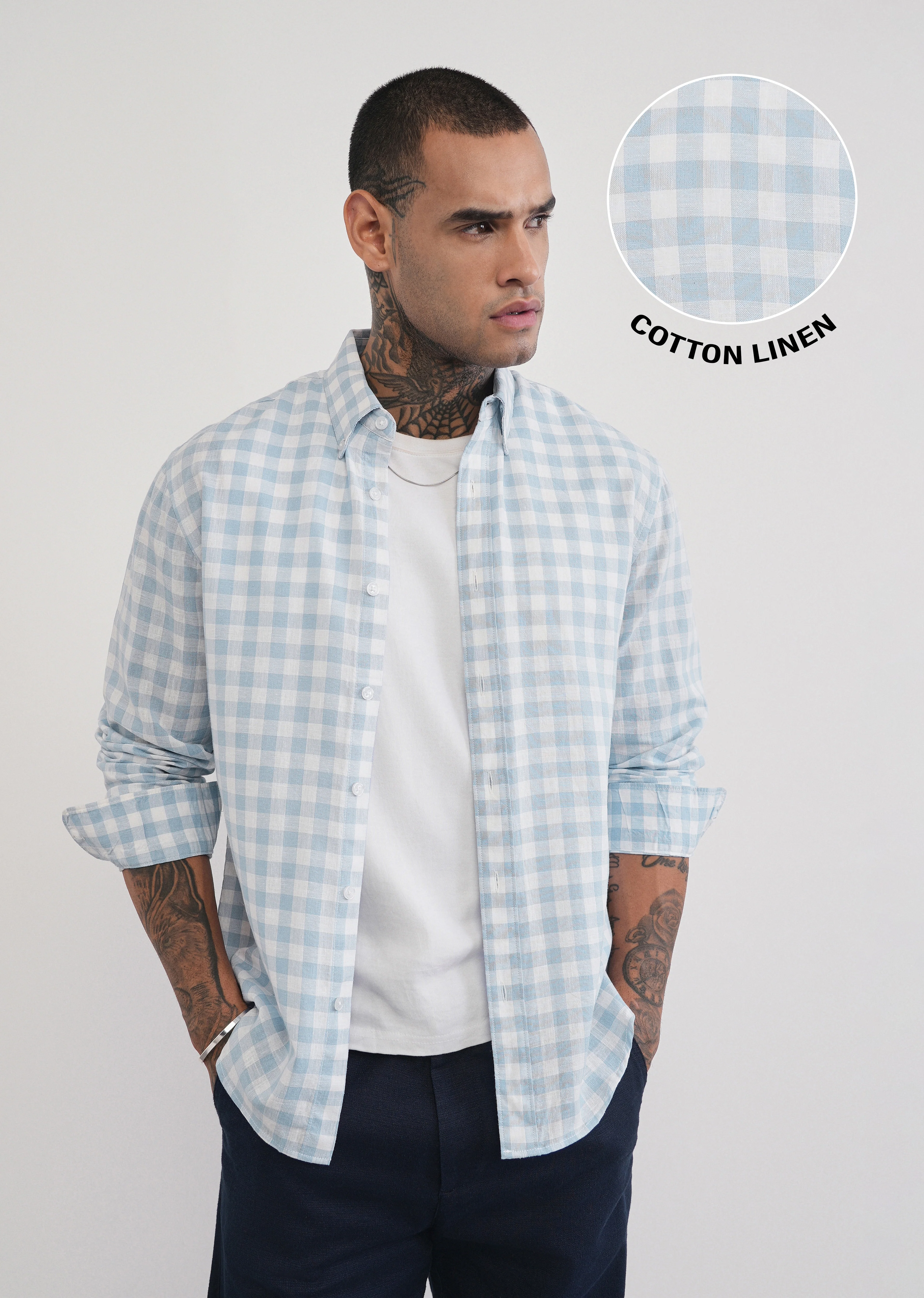 Blue Lyocell Linen Blend Check Shirt - Image 7