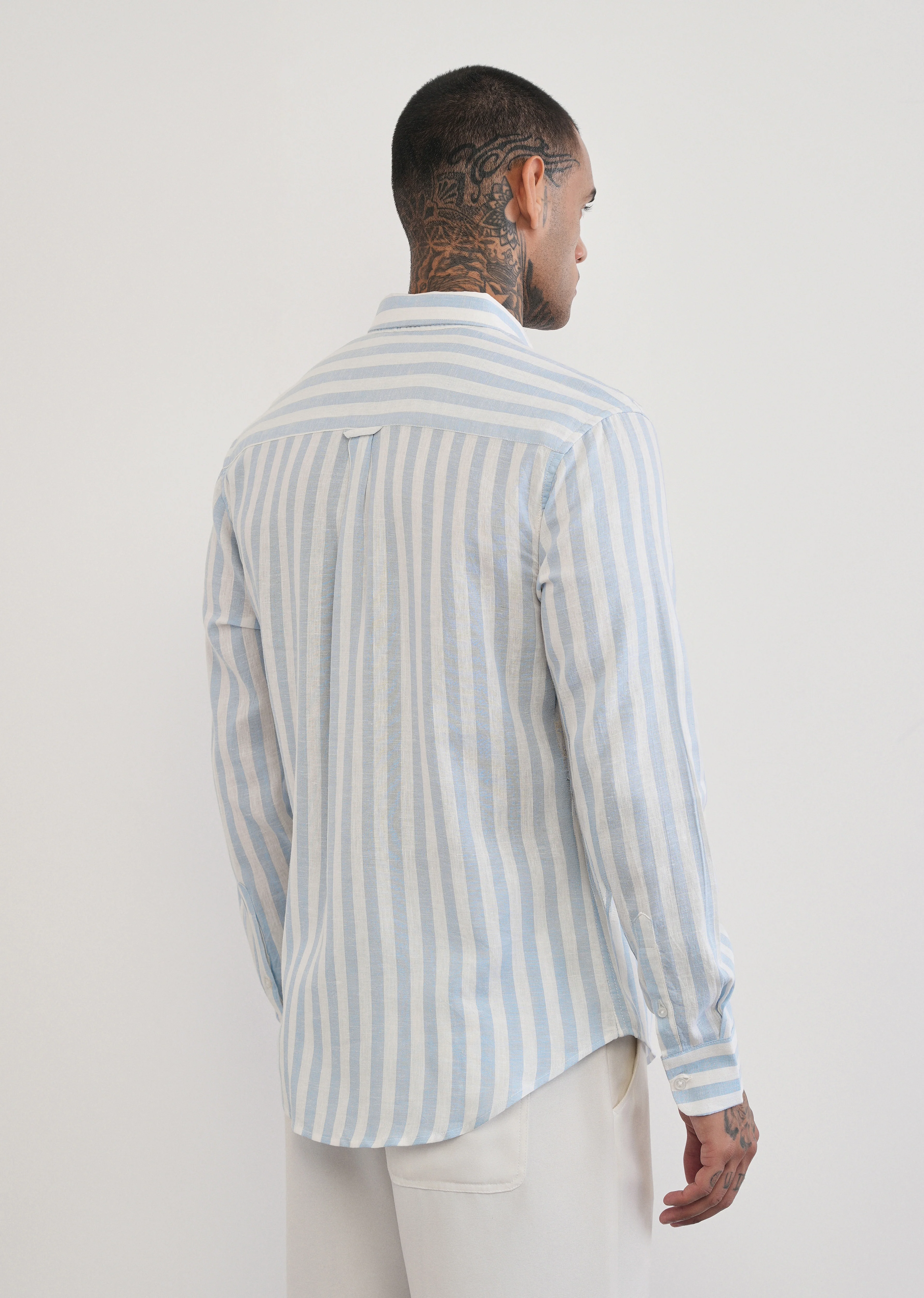 Blue Lyocell Linen Blend Stripe Shirt - Image 2