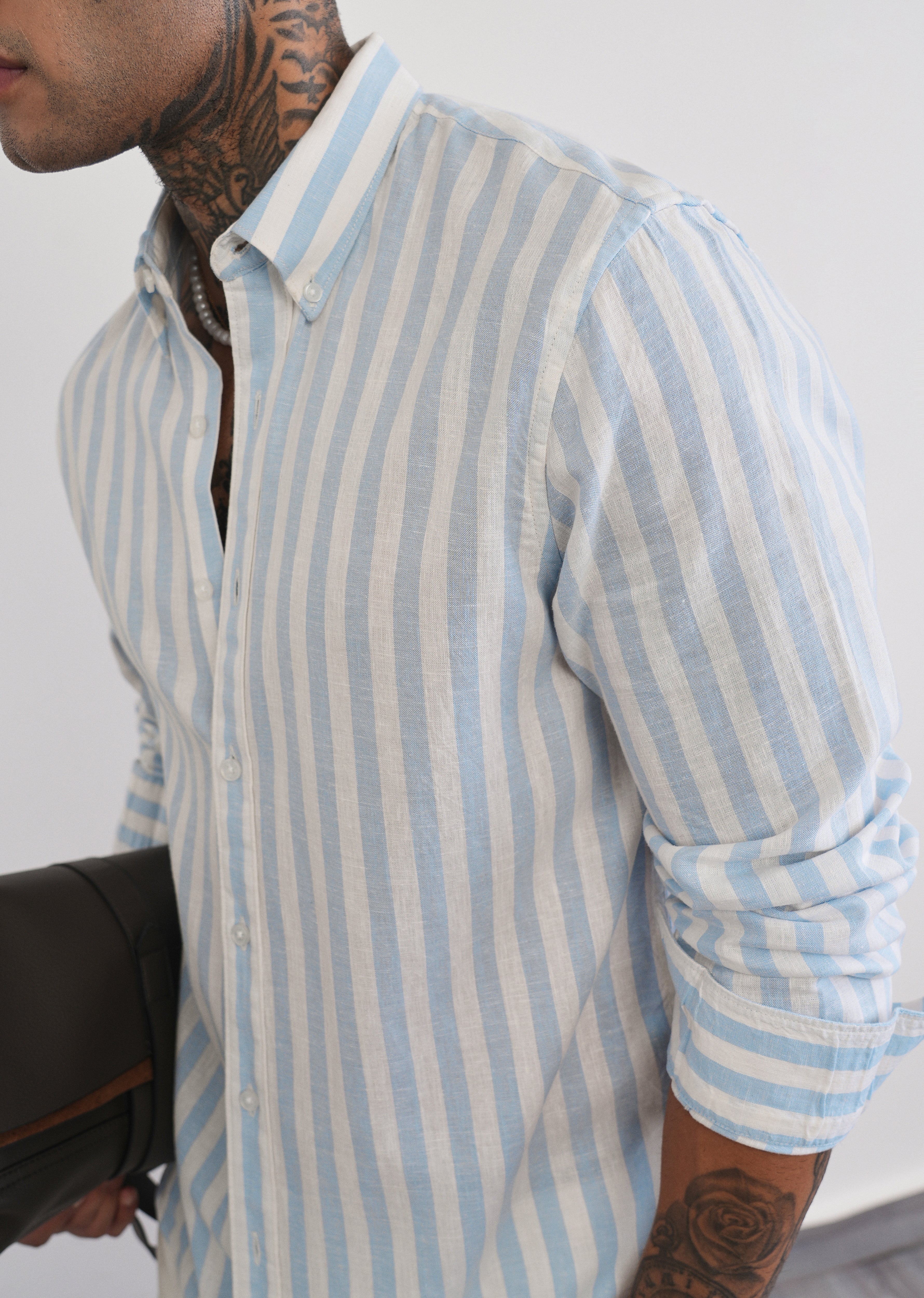 Blue Lyocell Linen Blend Stripe Shirt - Image 5