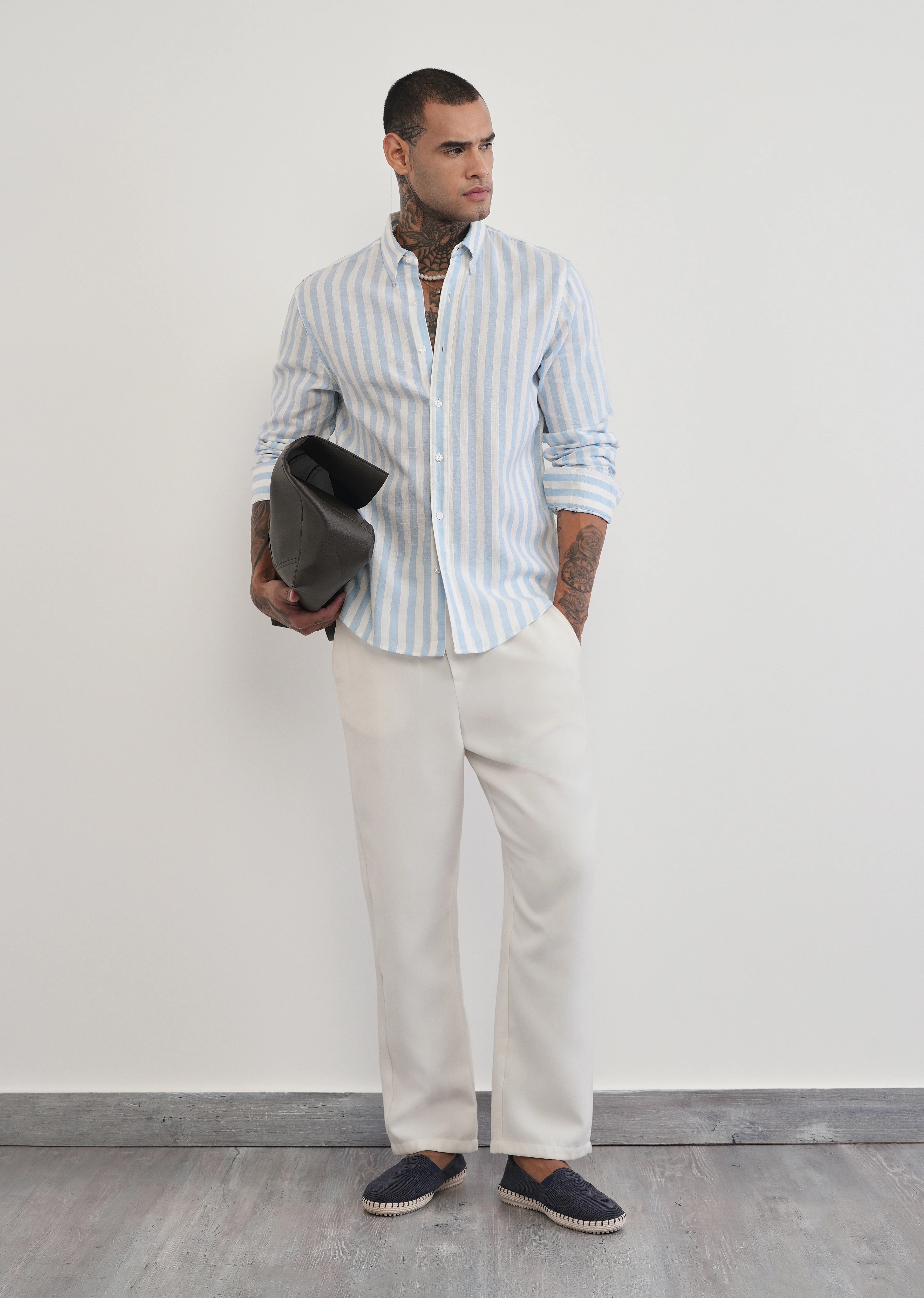 Blue Lyocell Linen Blend Stripe Shirt - Image 6