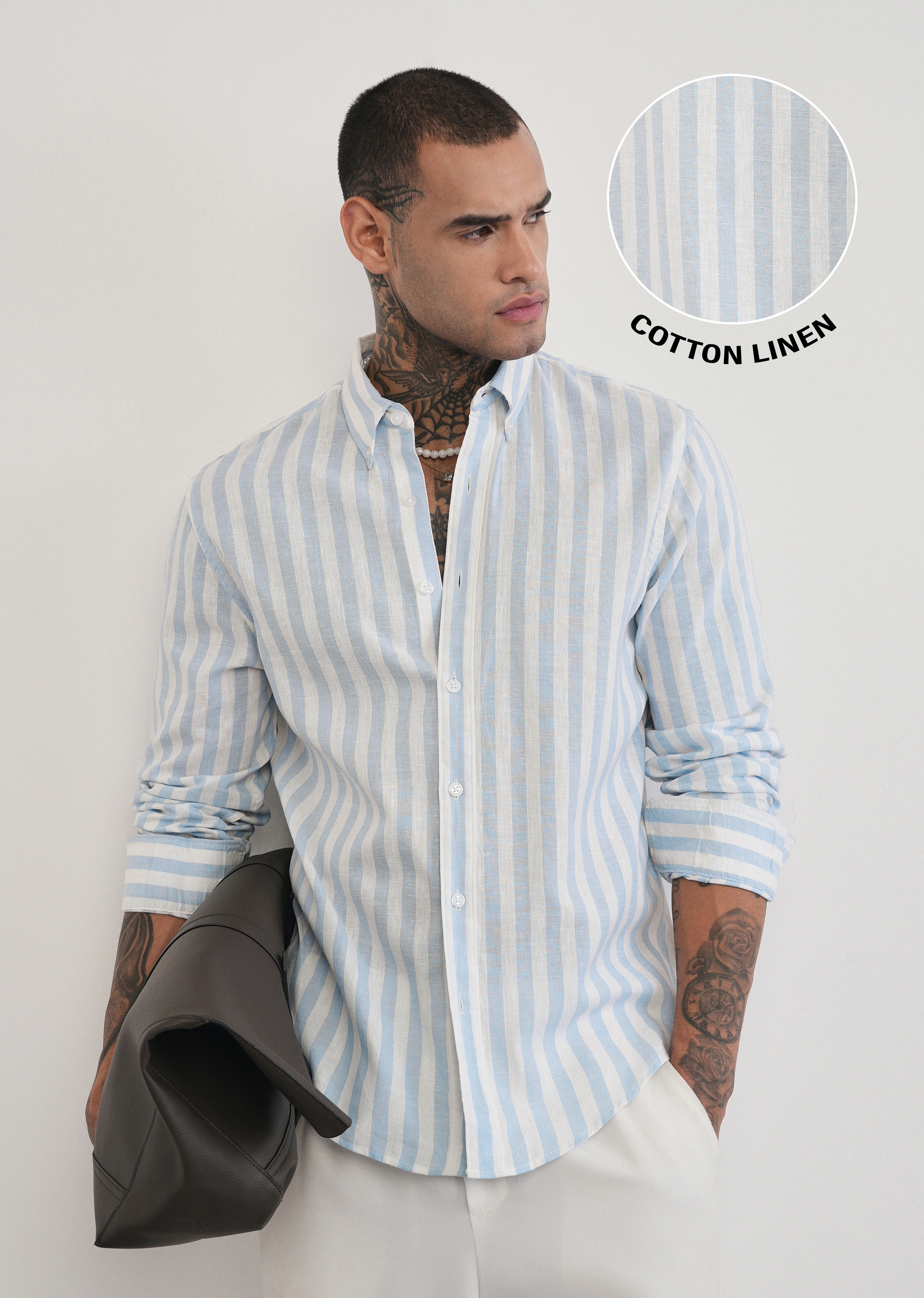 Blue Lyocell Linen Blend Stripe Shirt - Image 7