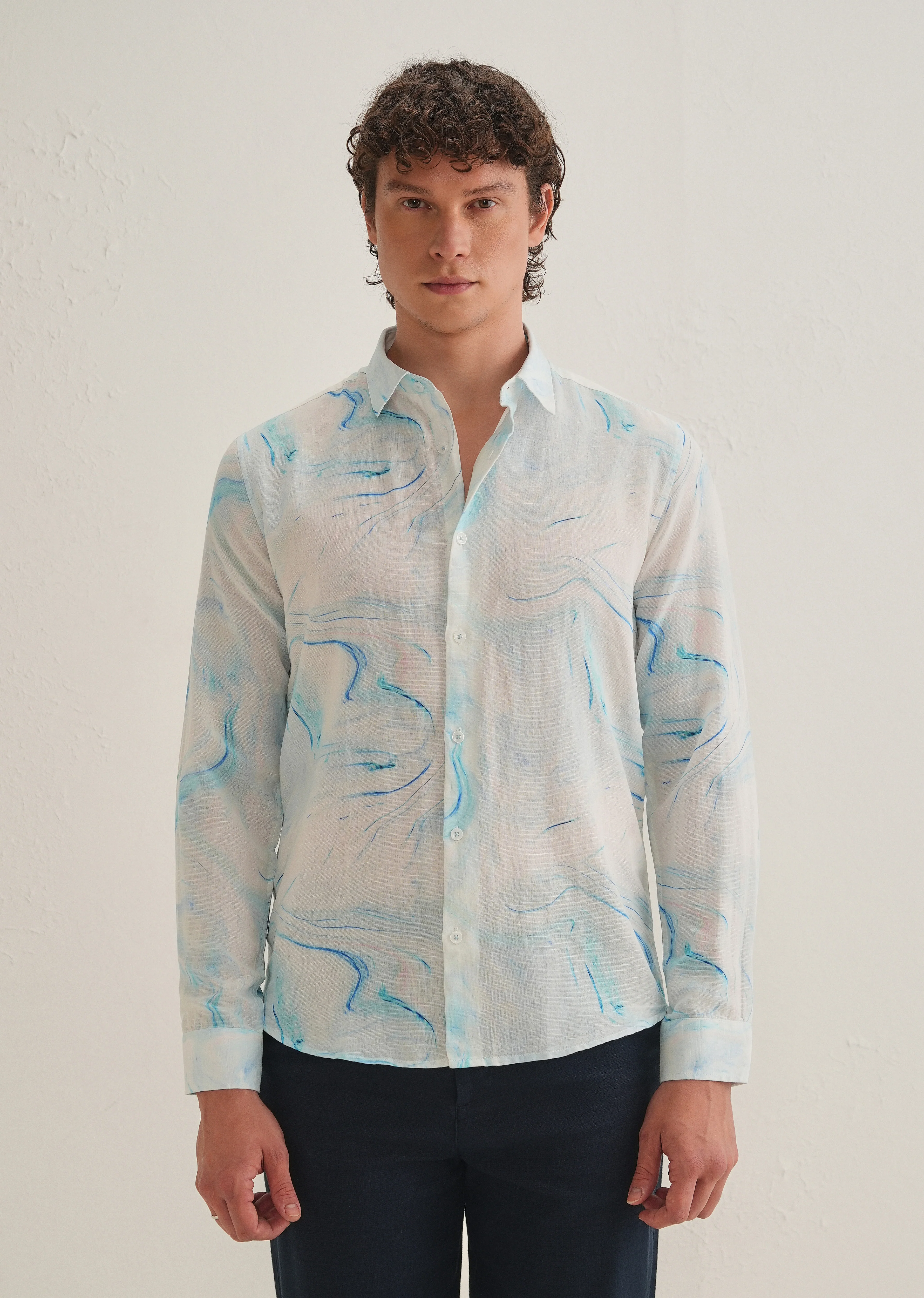 Blue Marble Printed Cotton Linen Shirt - Image 3