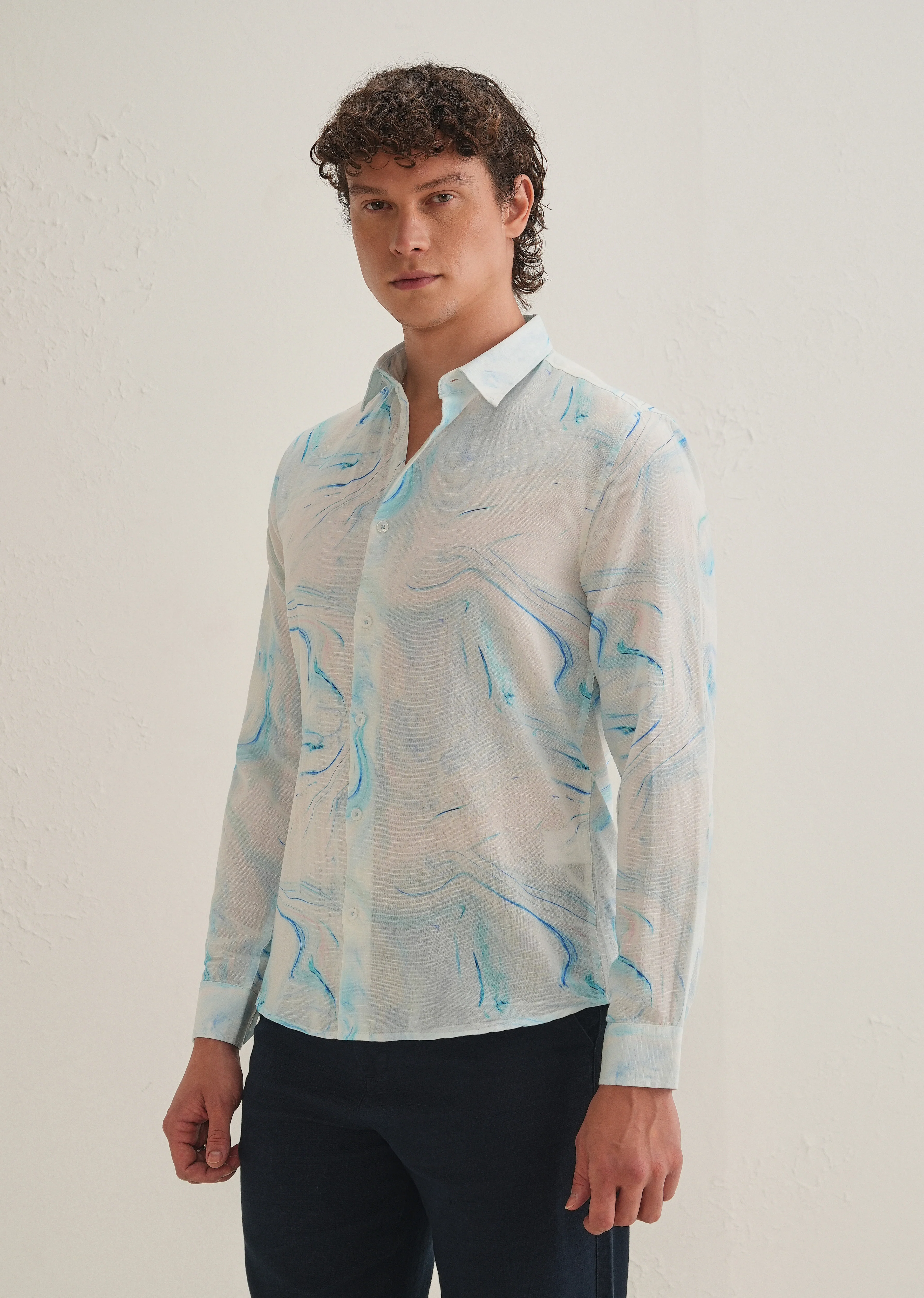 Blue Marble Printed Cotton Linen Shirt - Image 5
