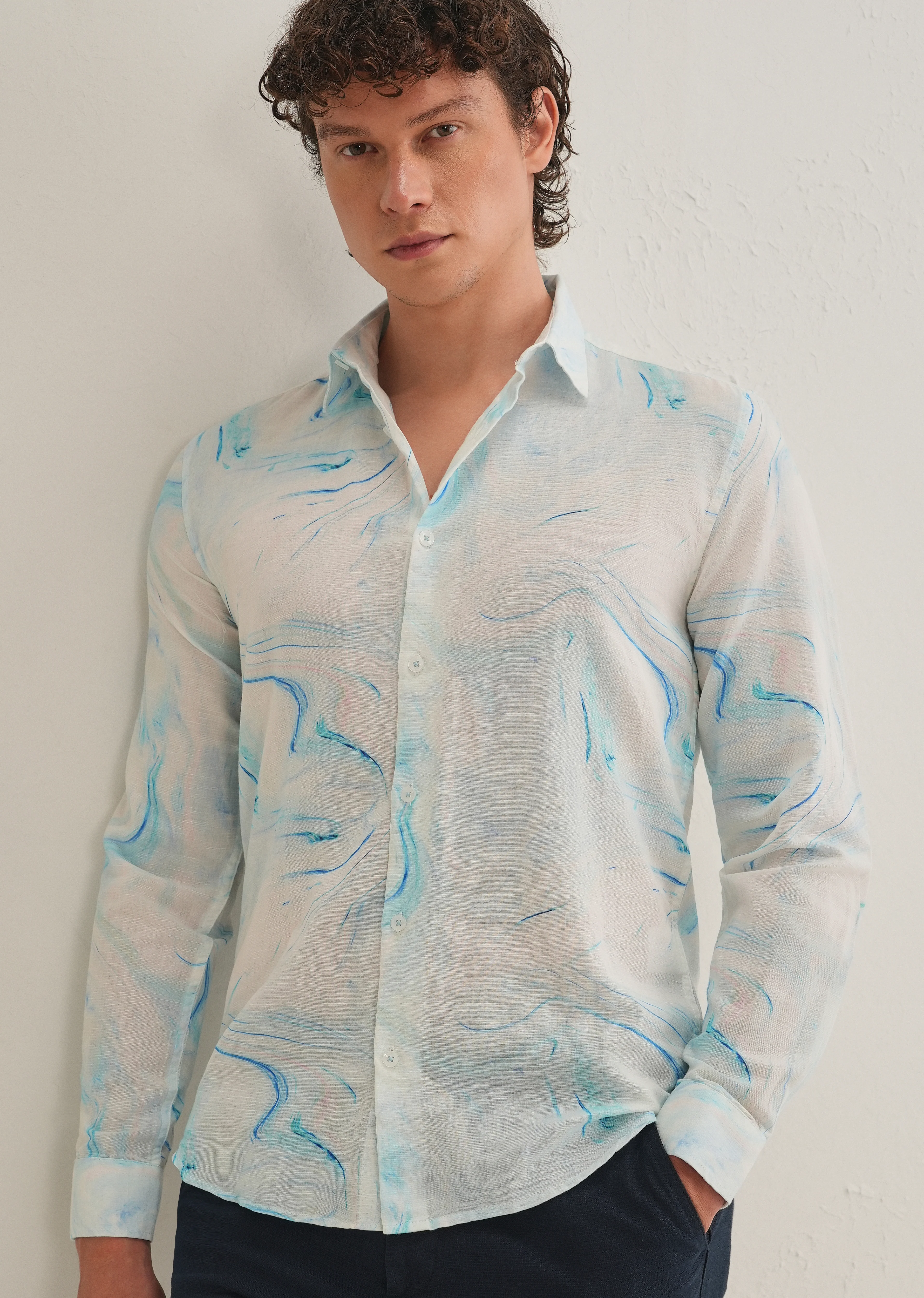 Blue Marble Printed Cotton Linen Shirt - Image 7