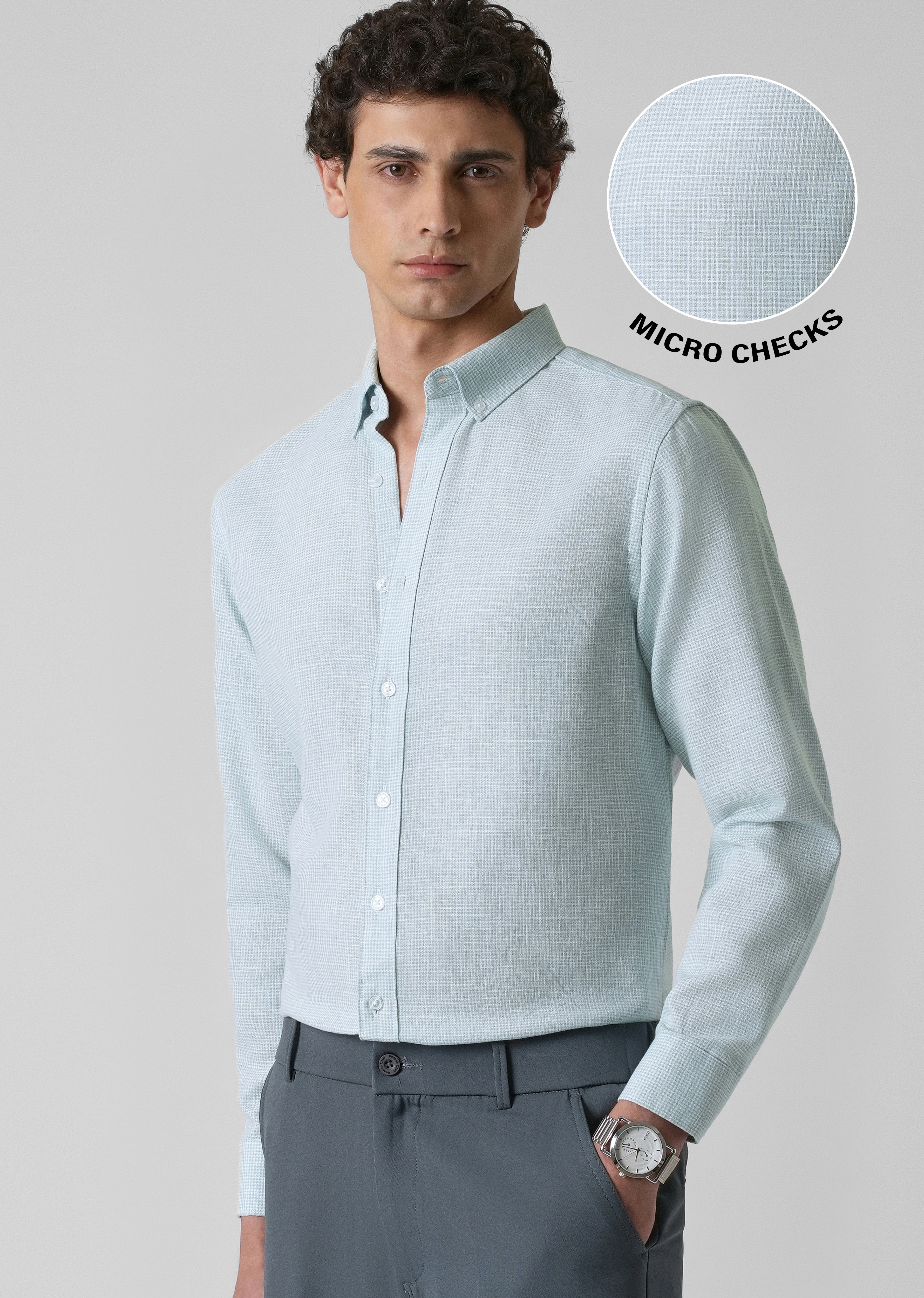 Blue Micro Checks Blended Cotton Shirt - Image 7