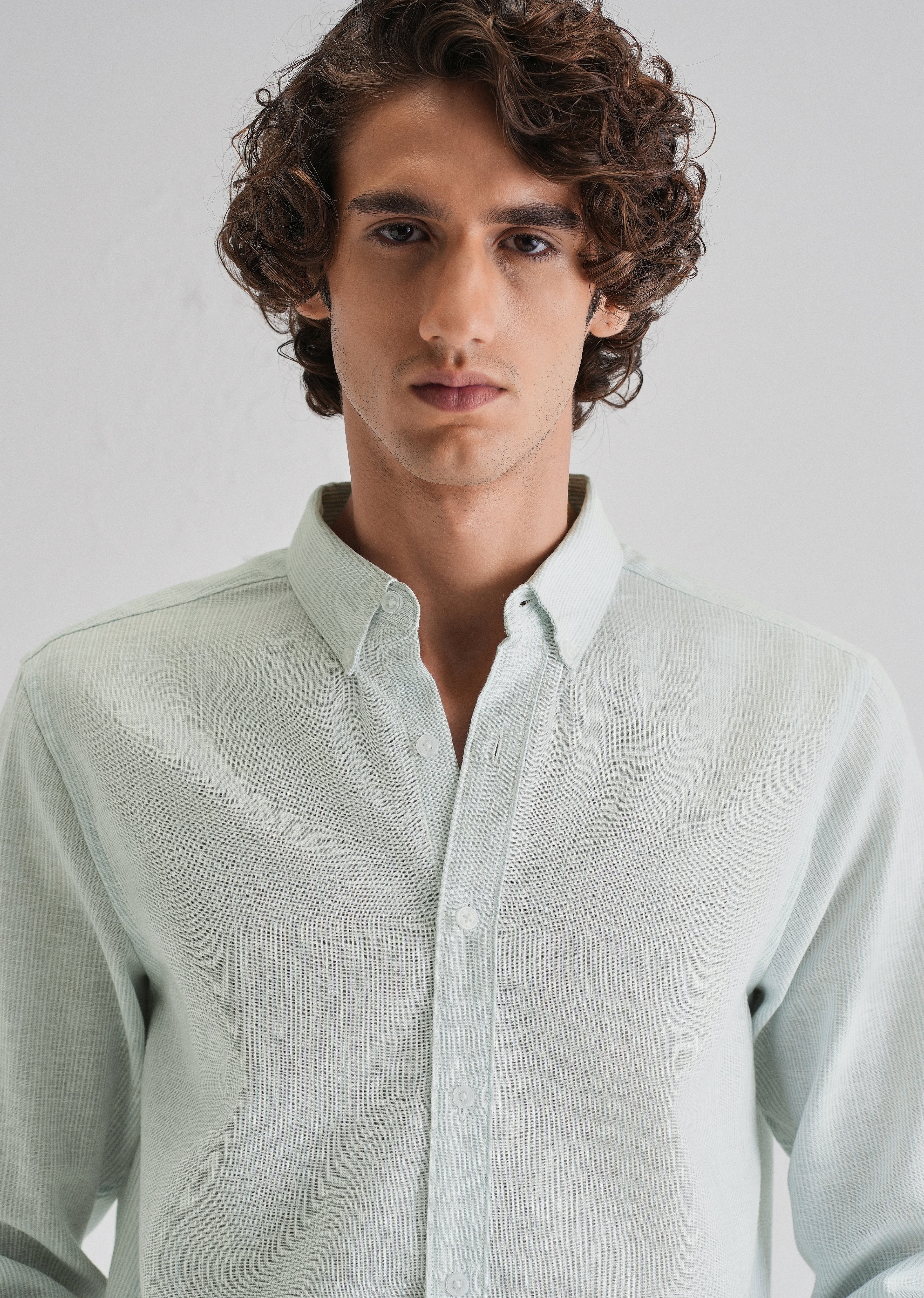 Blue Micro Striped Blended Linen Shirt - Image 2