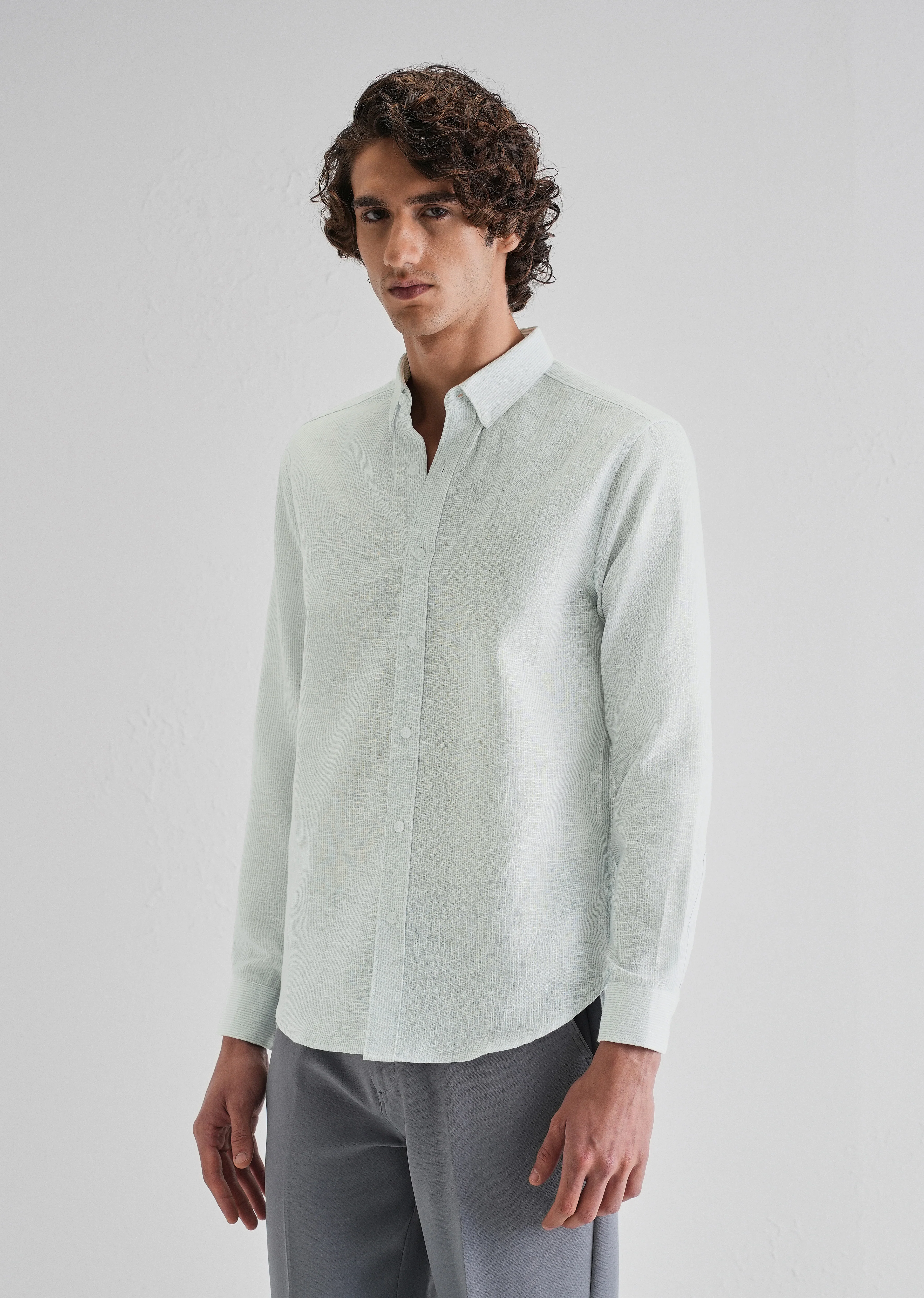 Blue Micro Striped Blended Linen Shirt - Image 5