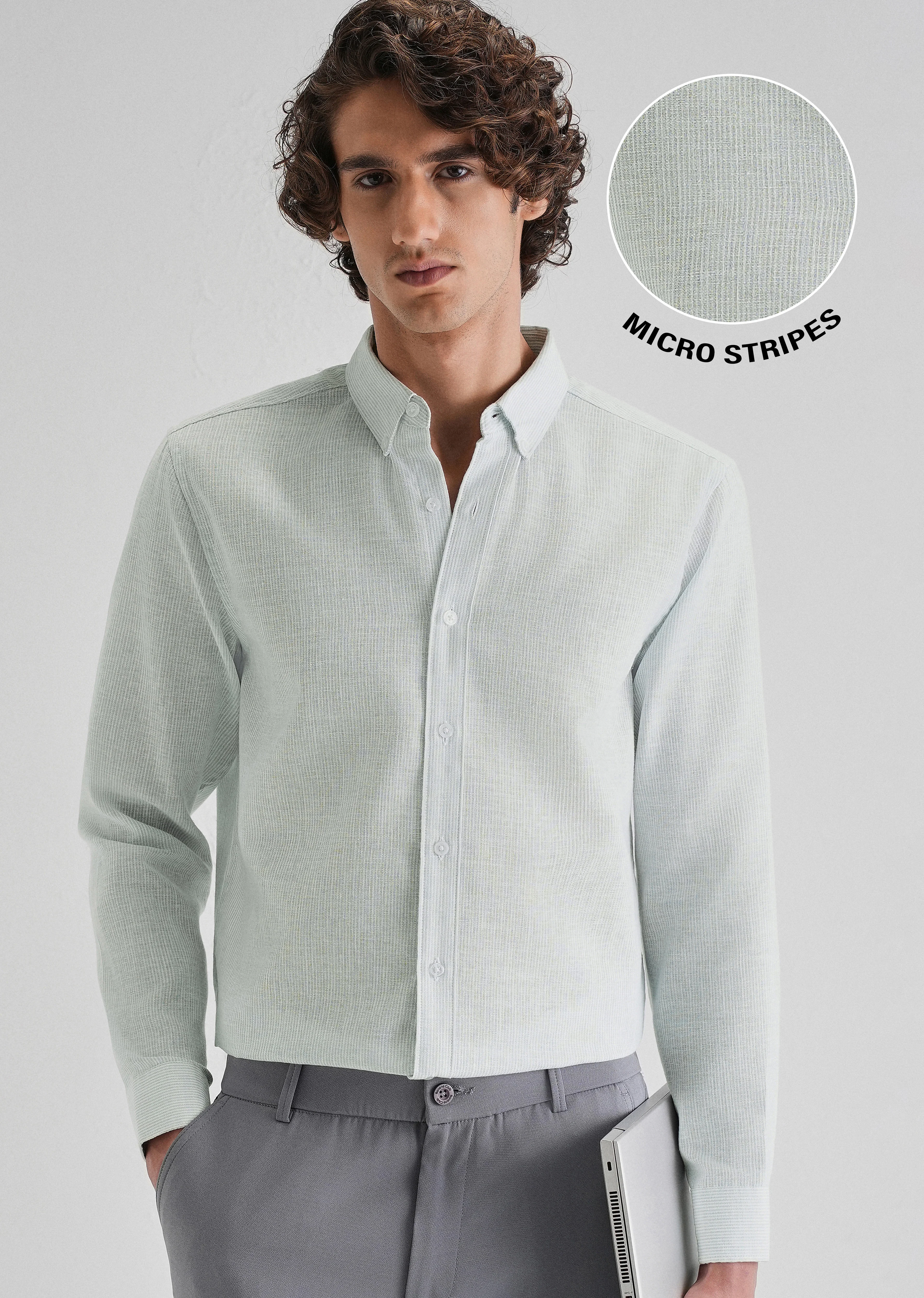 Blue Micro Striped Blended Linen Shirt - Image 7