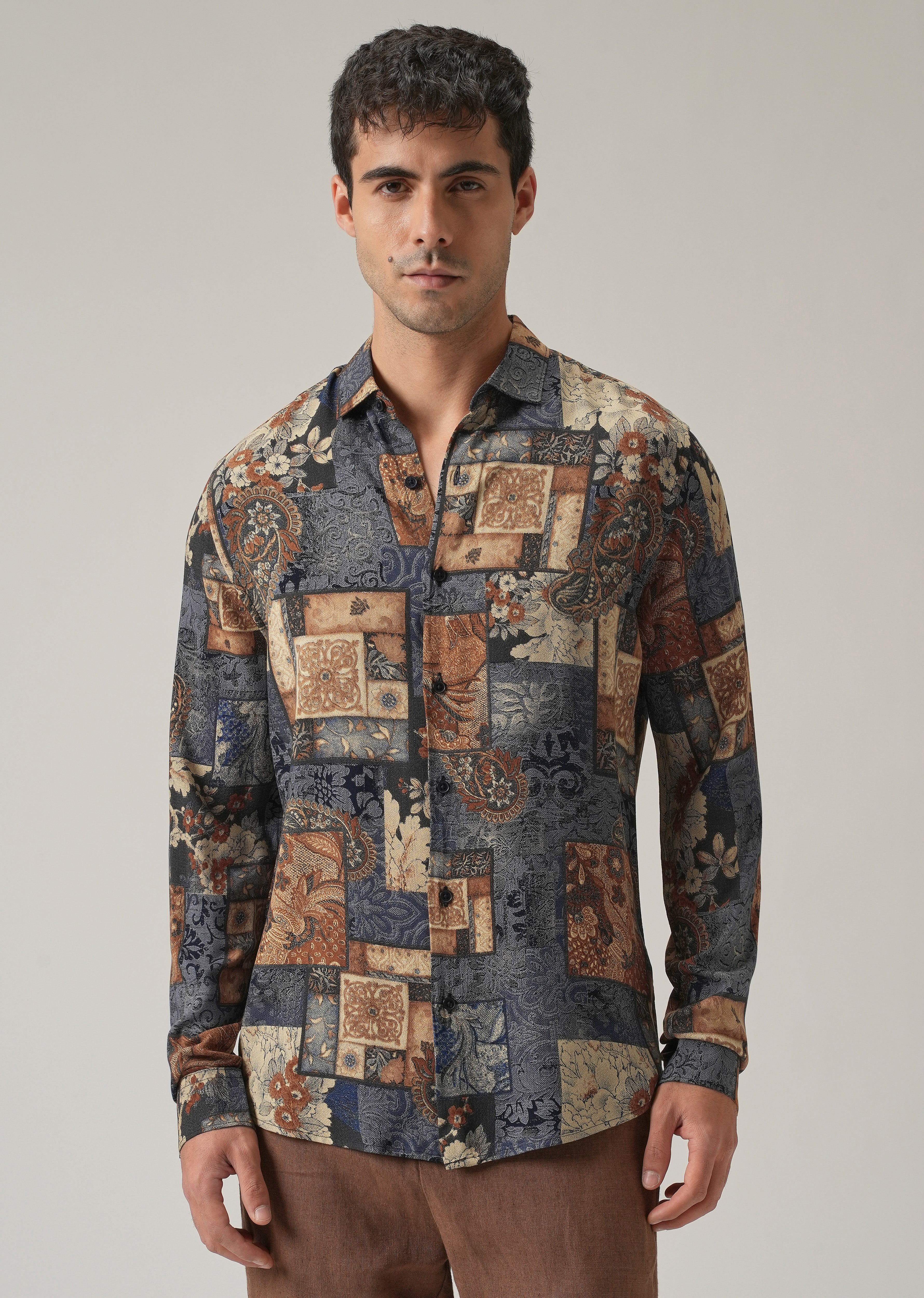 Blue Mosaic Print Feather Shirt - Image 3