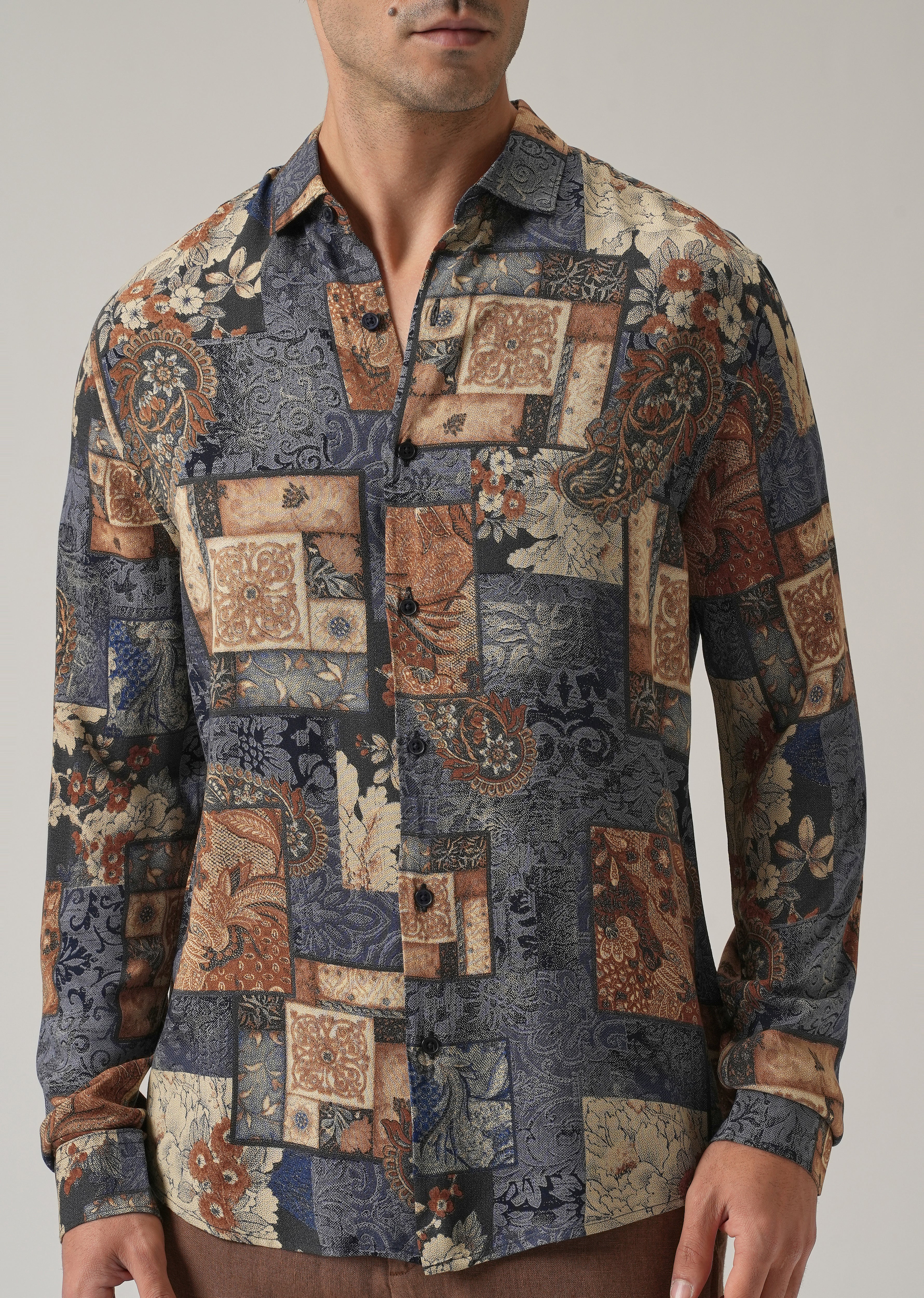 Blue Mosaic Print Feather Shirt - Image 7