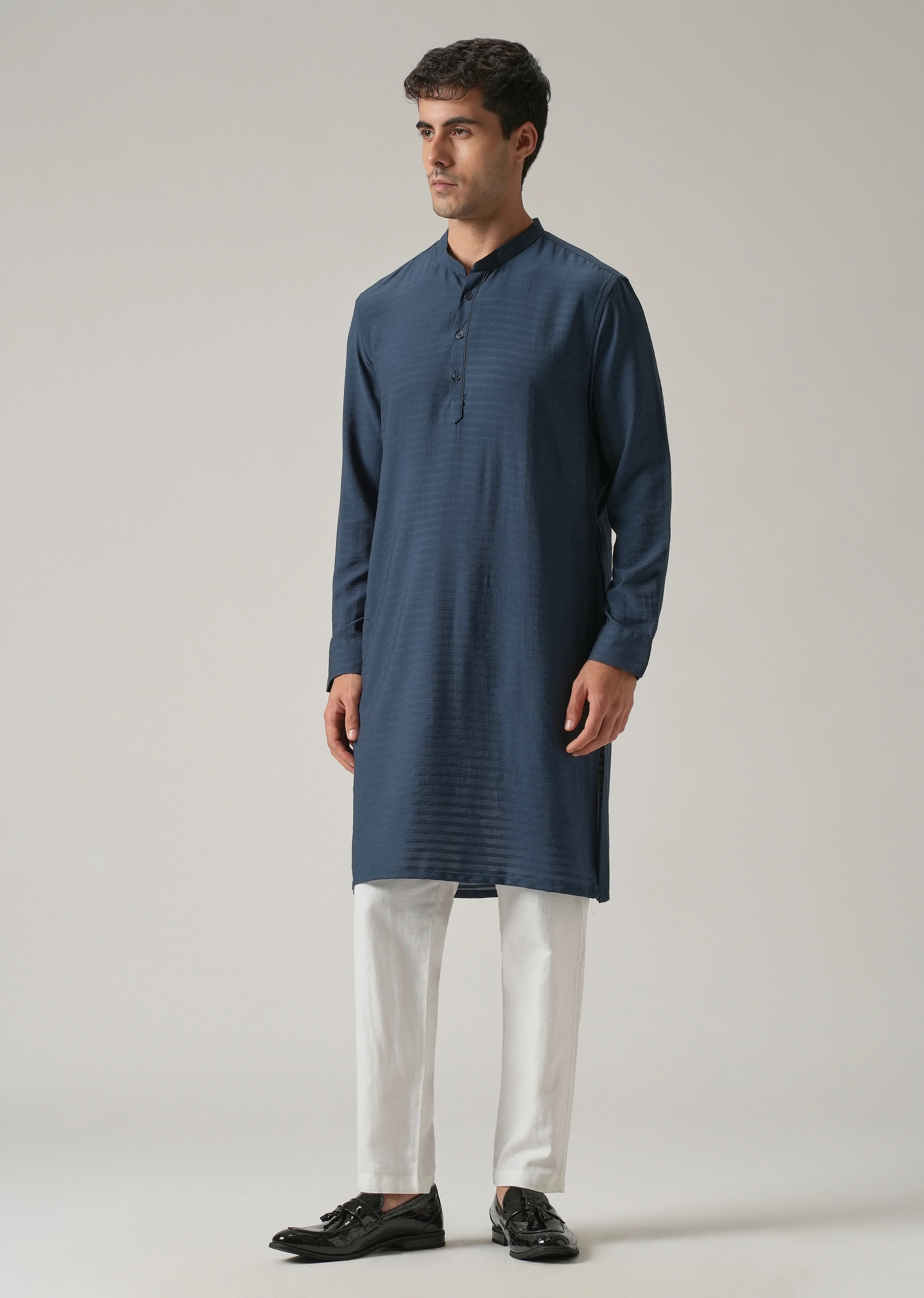 Blue Nylon Self Stripe Kurta - Image 4