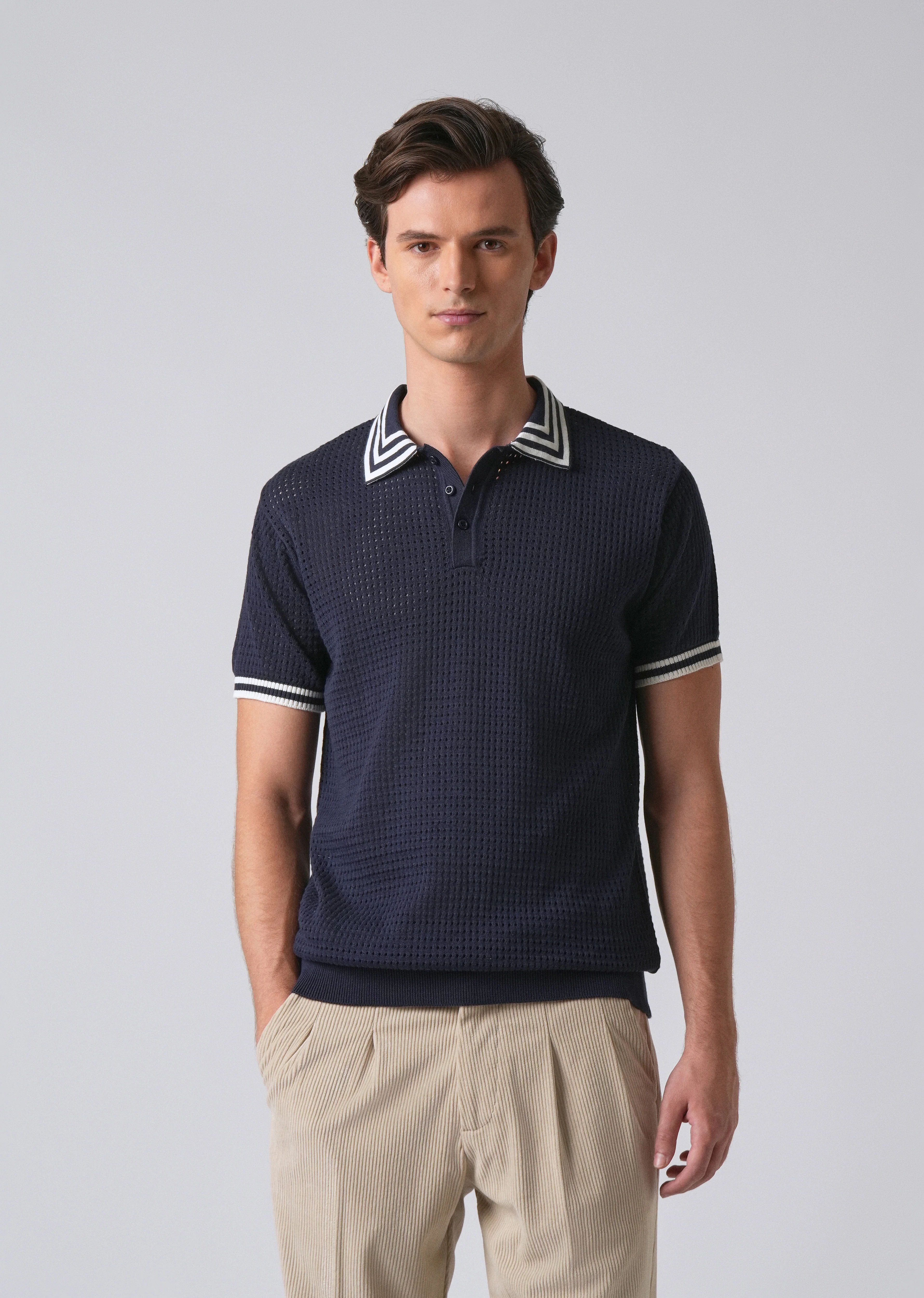 Blue Open Knitted Polo T-shirt - Image 4