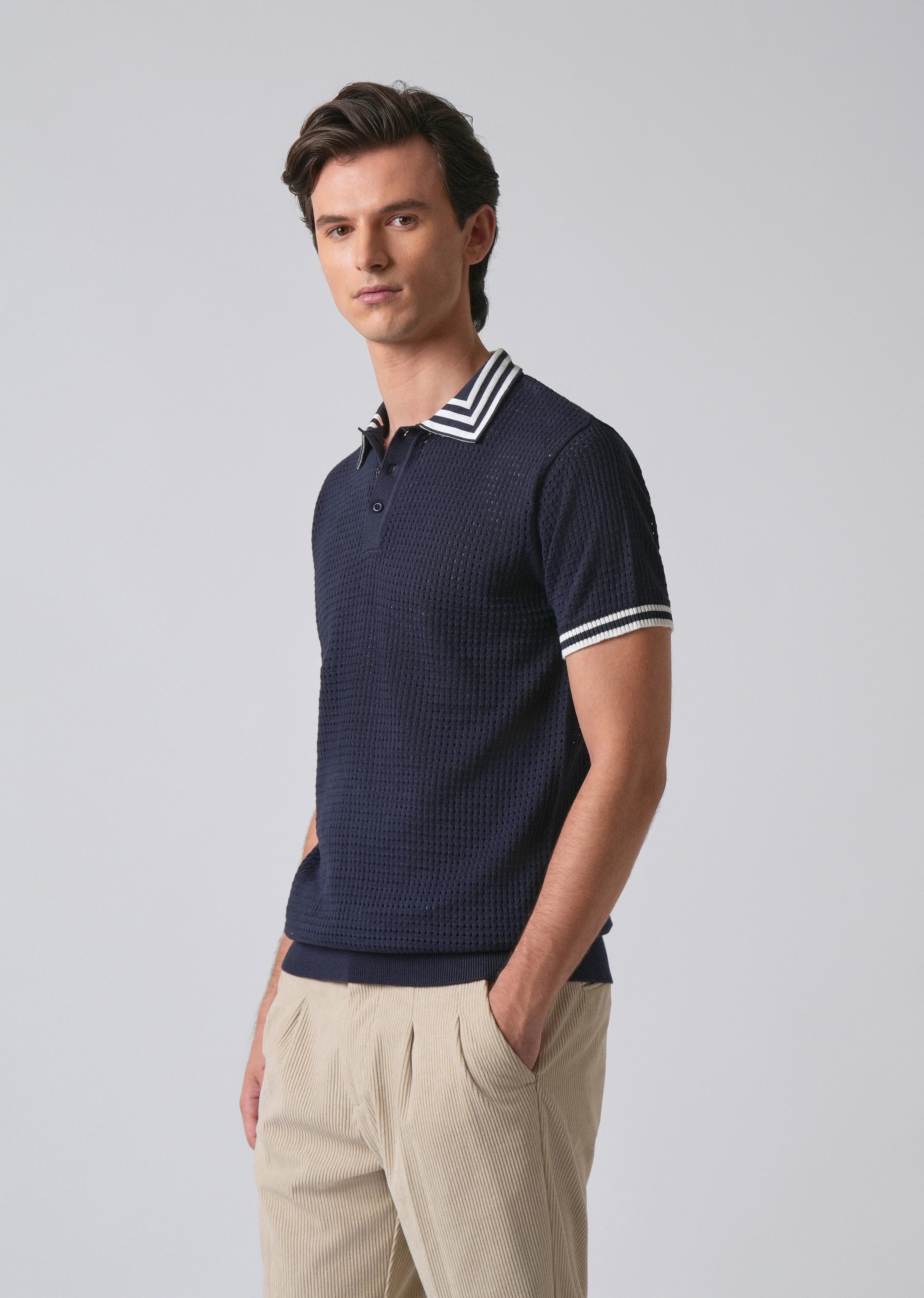 Blue Open Knitted Polo T-shirt - Image 5