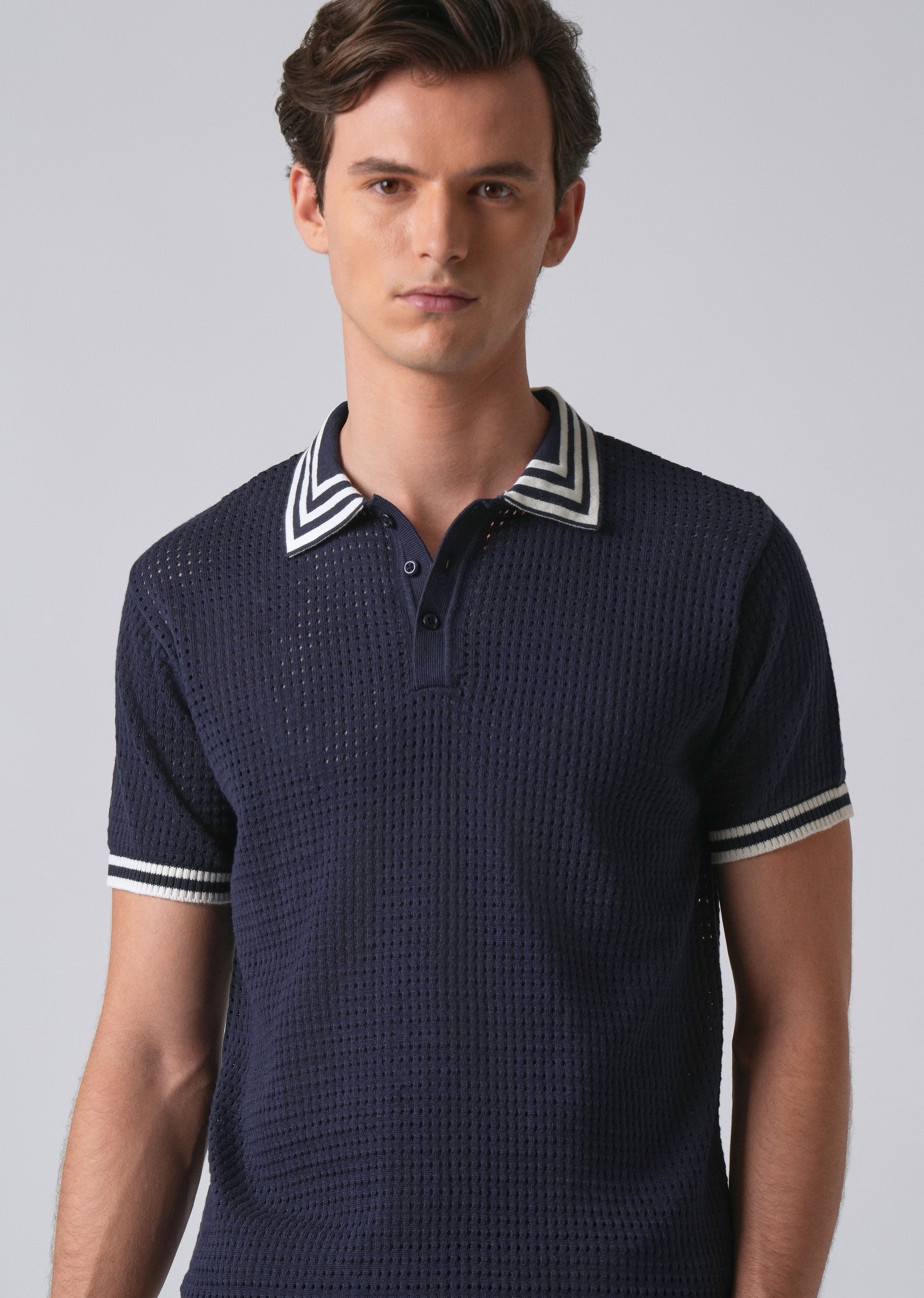 Blue Open Knitted Polo T-shirt - Image 6
