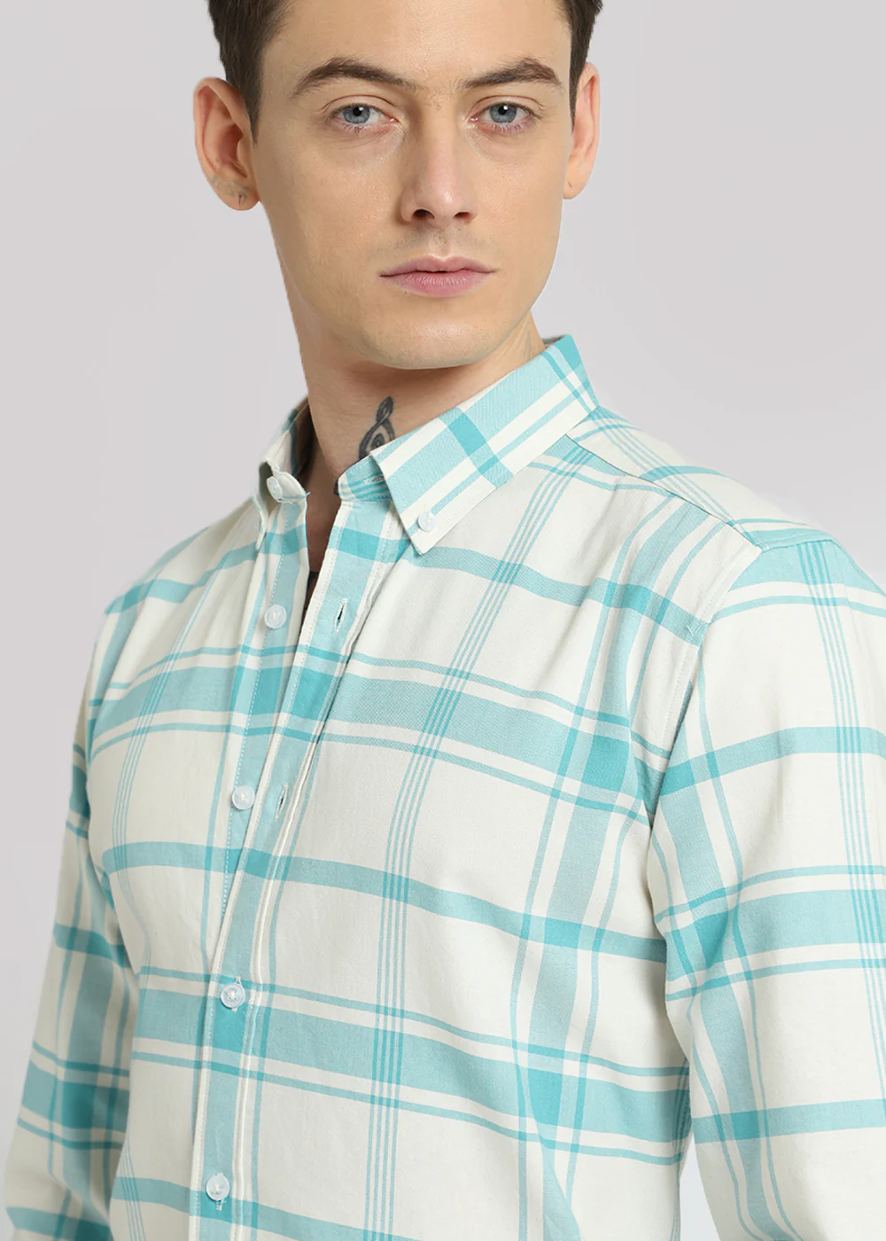 Blue Oxford Cotton Check Shirt - Image 3