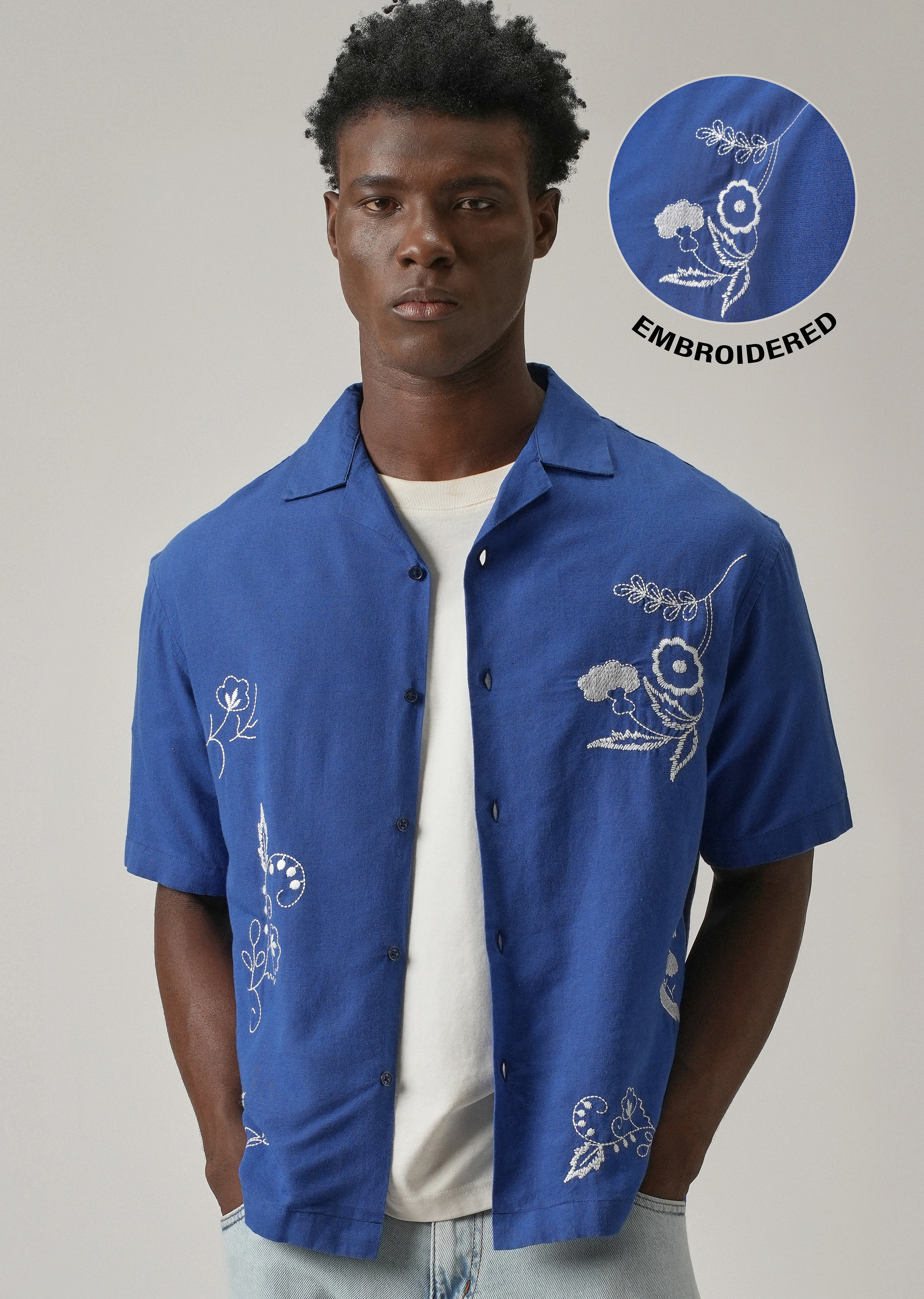 Blue Pattern Embroidery Linen Shirt - Image 8
