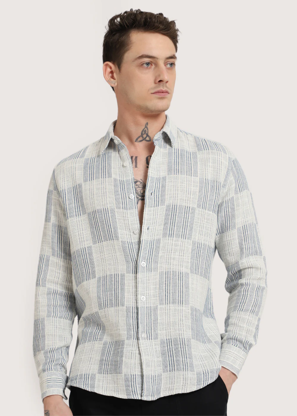 Blue Pin Check Textured Shirt - Image 4