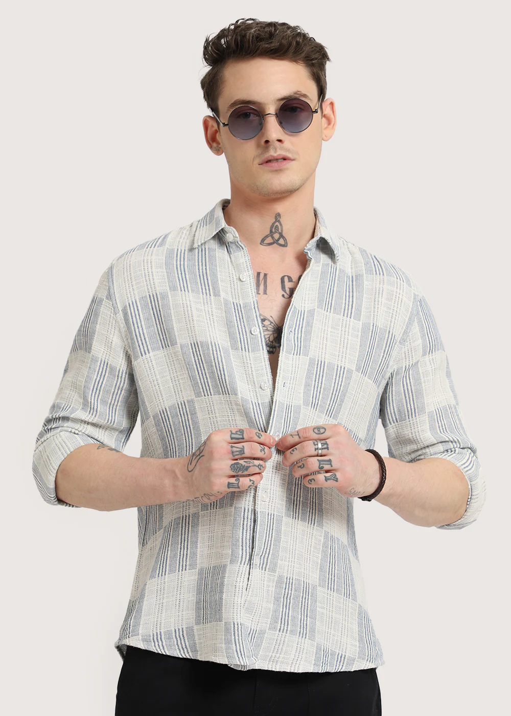 Blue Pin Check Textured Shirt - Image 8
