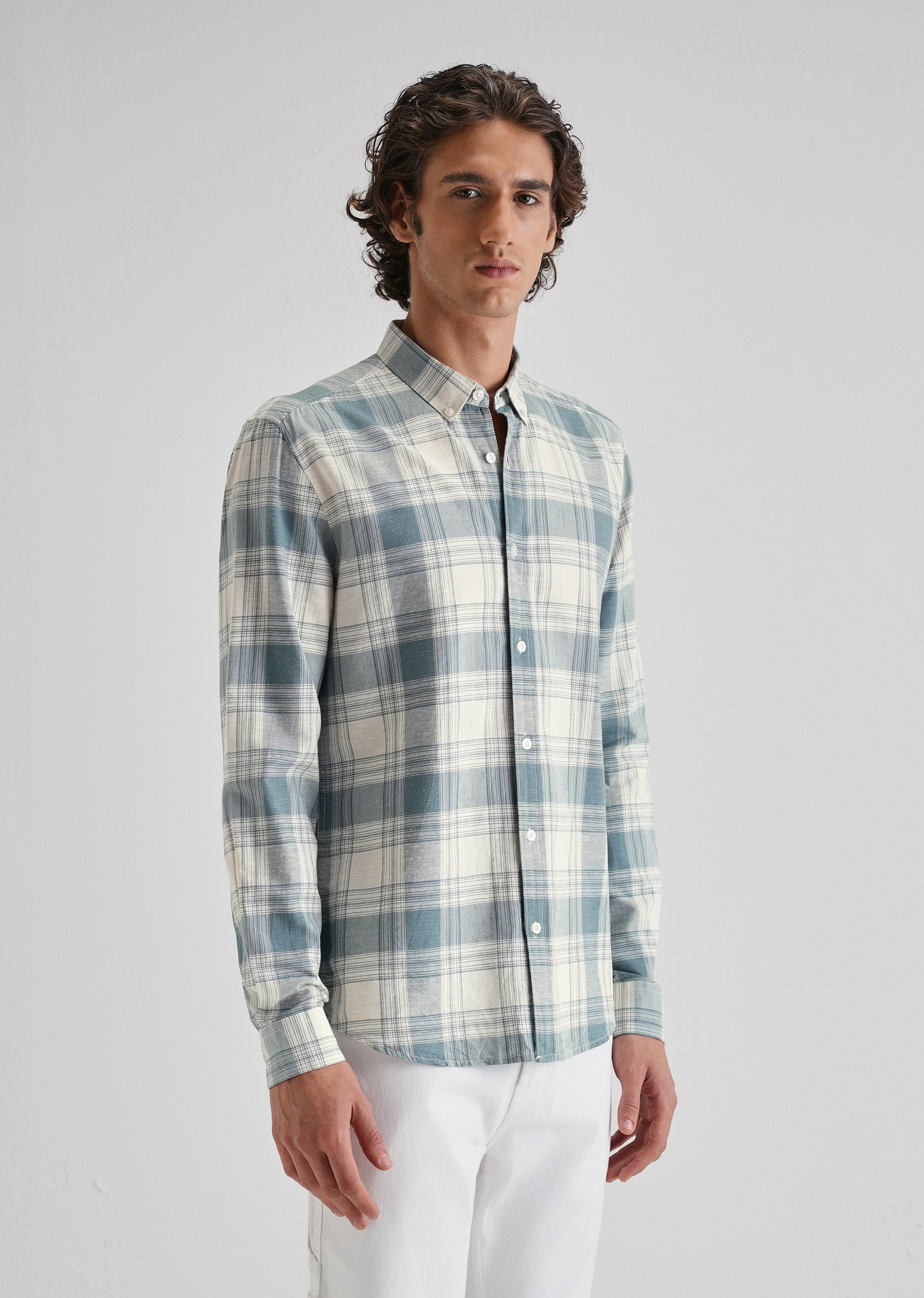 Blue Plaid Checked Cotton Linen Shirt - Image 4