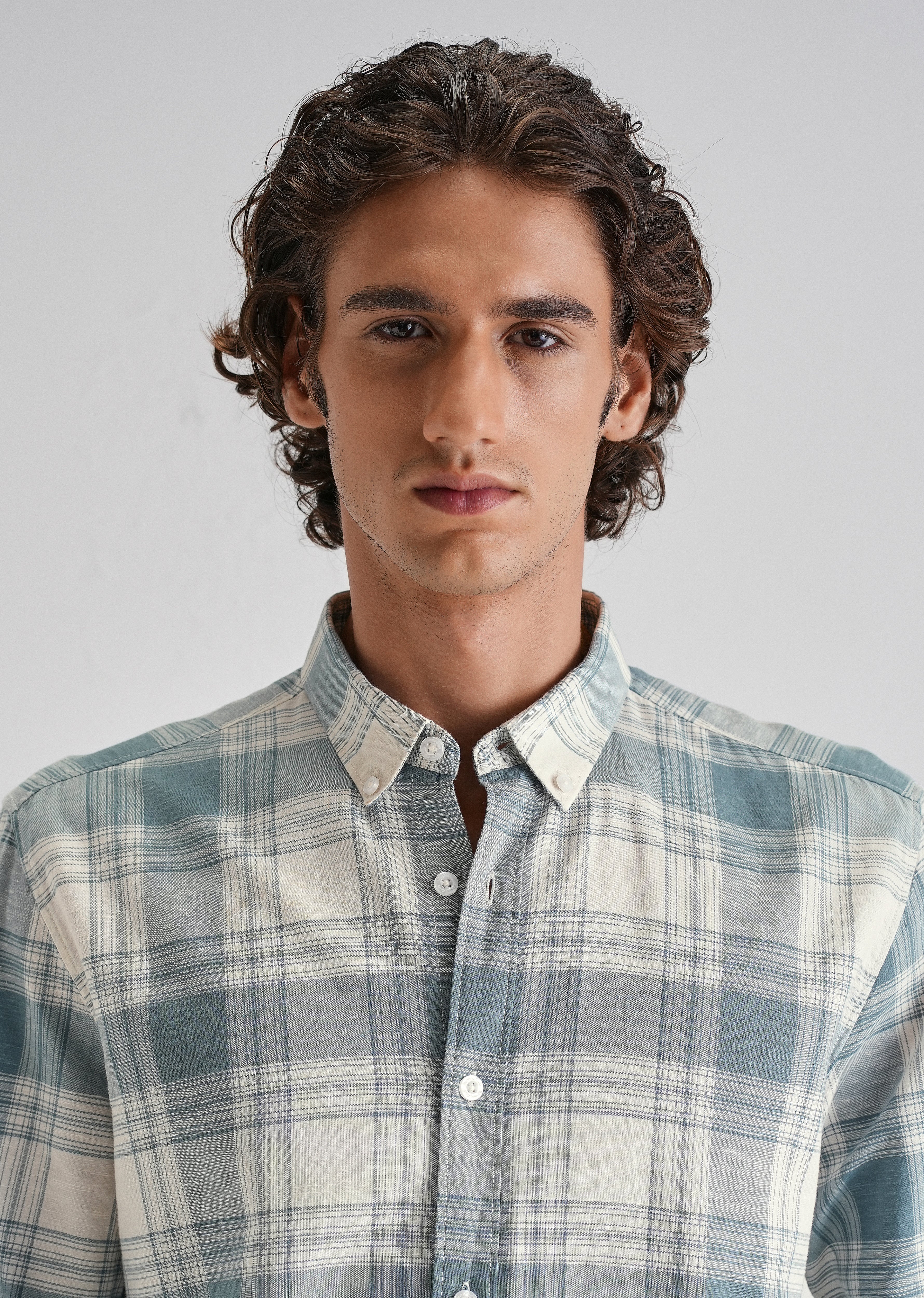 Blue Plaid Checked Cotton Linen Shirt - Image 5