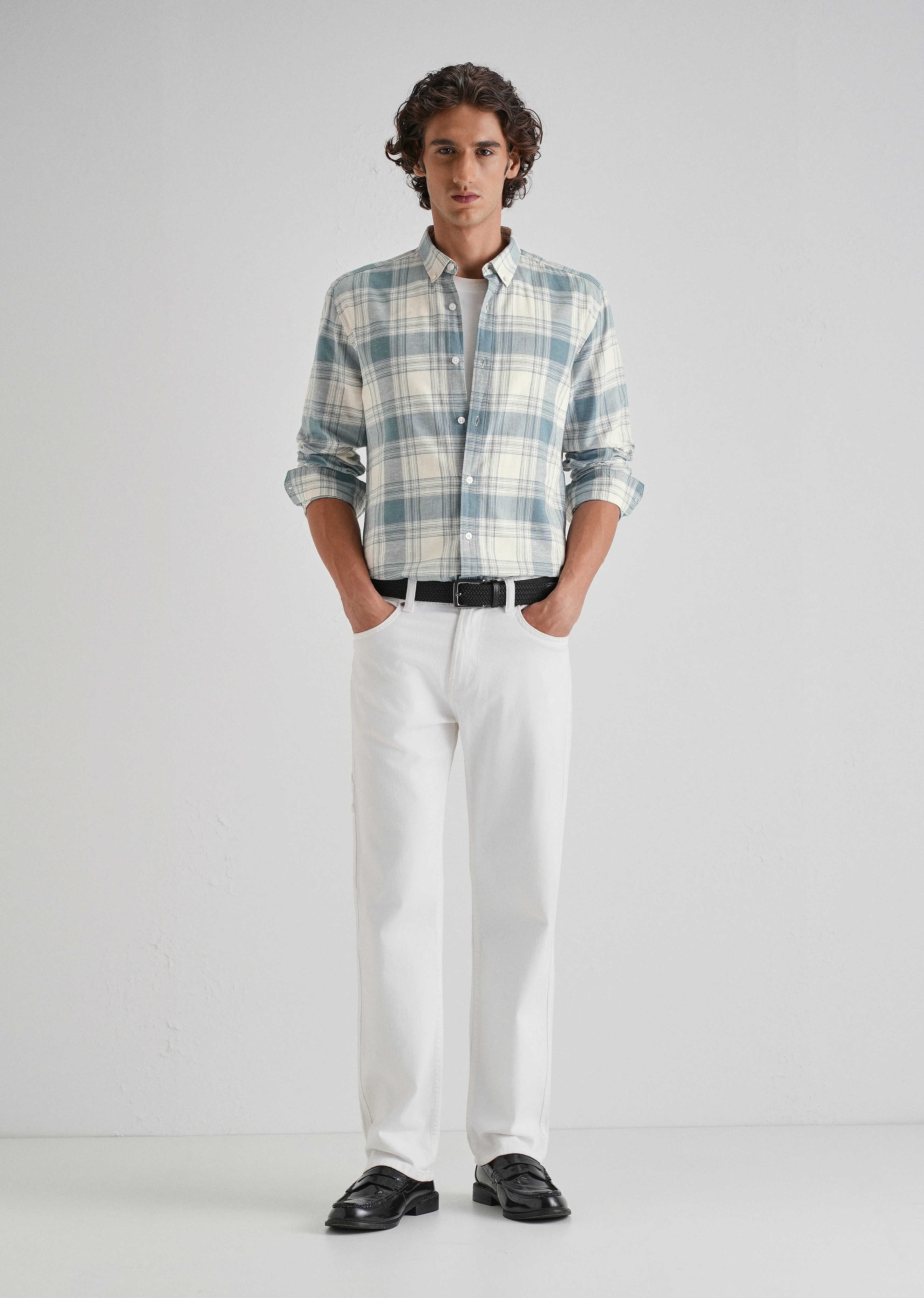 Blue Plaid Checked Cotton Linen Shirt - Image 6